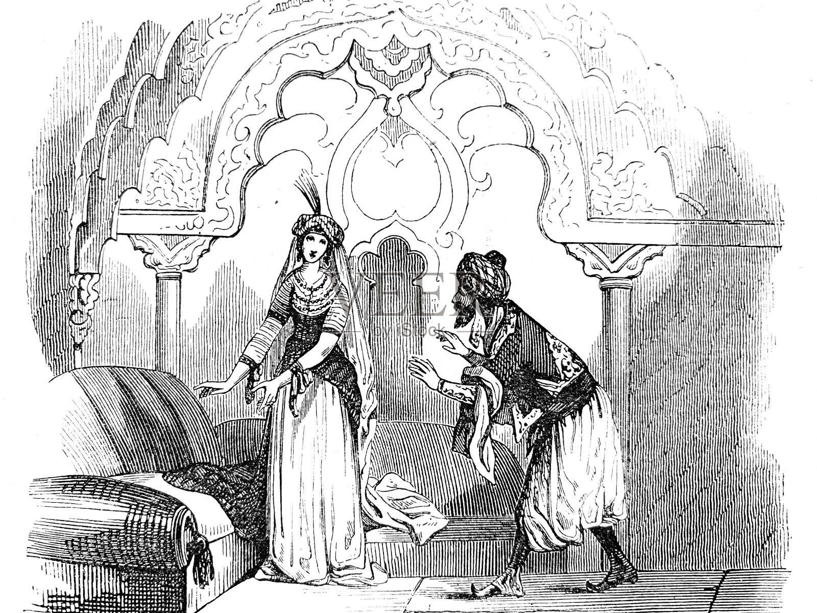 女人让男人在沙发上坐下插画图片素材