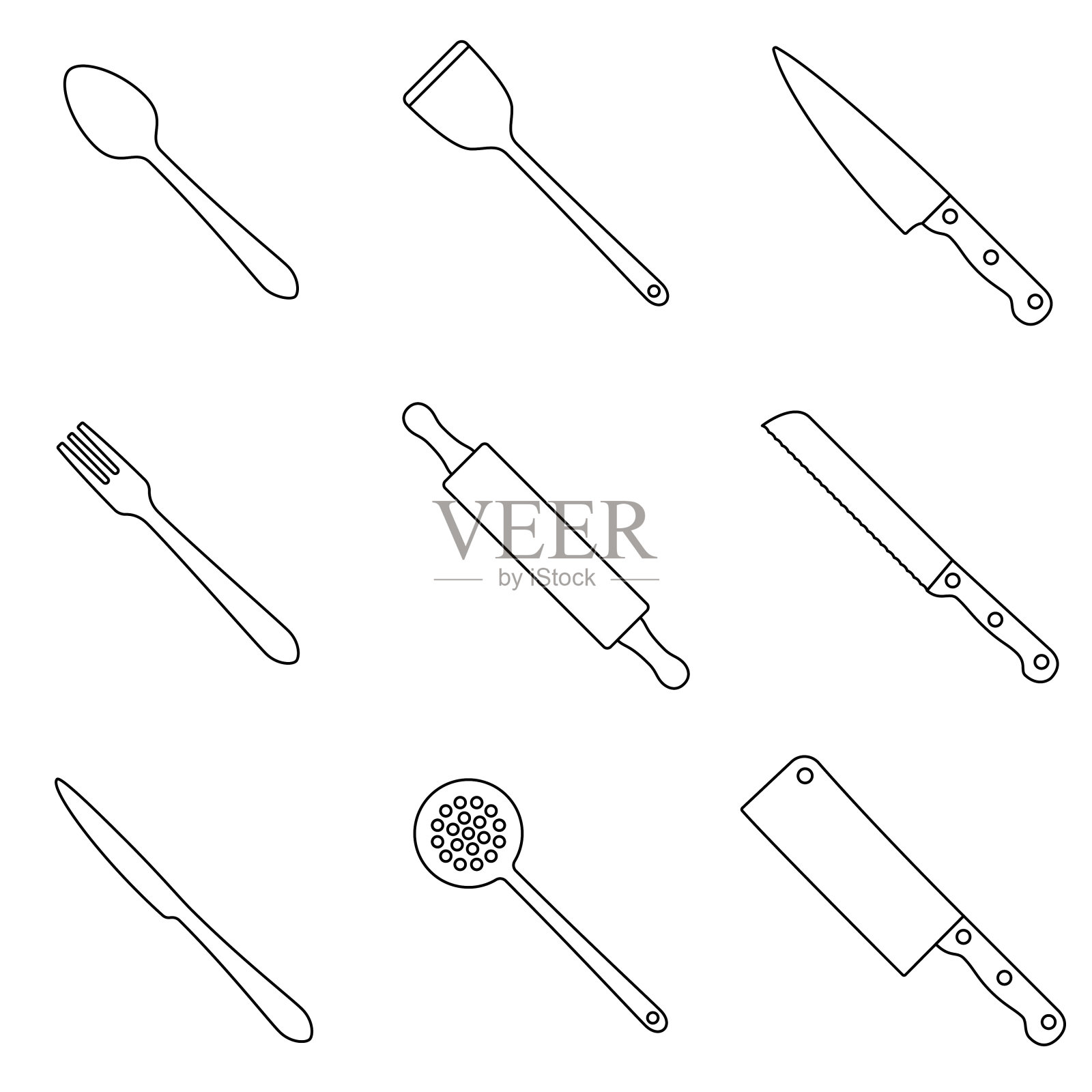 厨房用具设置平面可编辑的笔画插画图片素材
