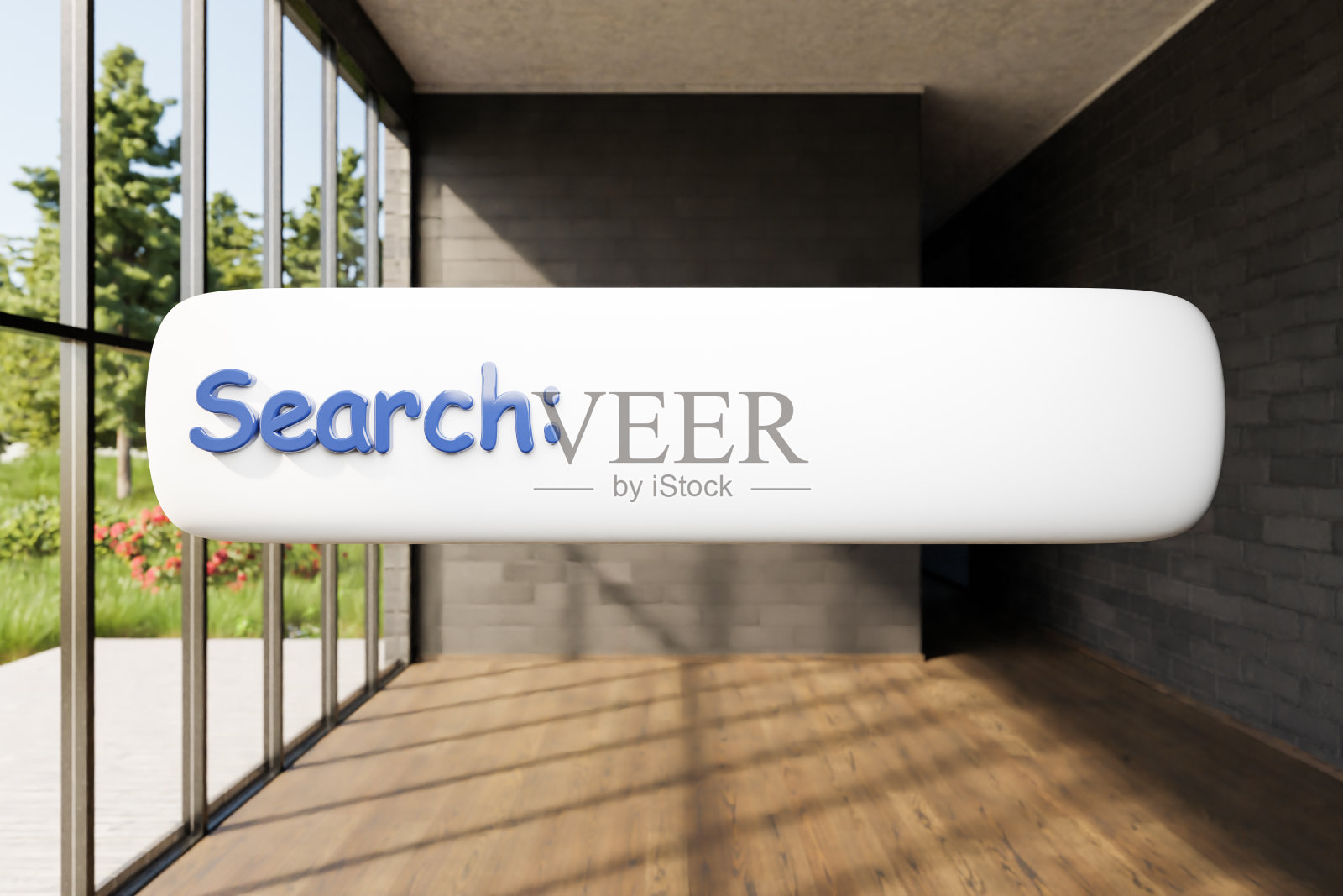 搜索框文本漂浮在空气中豪华阁楼公寓的窗户和花园;简约的室内客厅设计;三维演示照片摄影图片