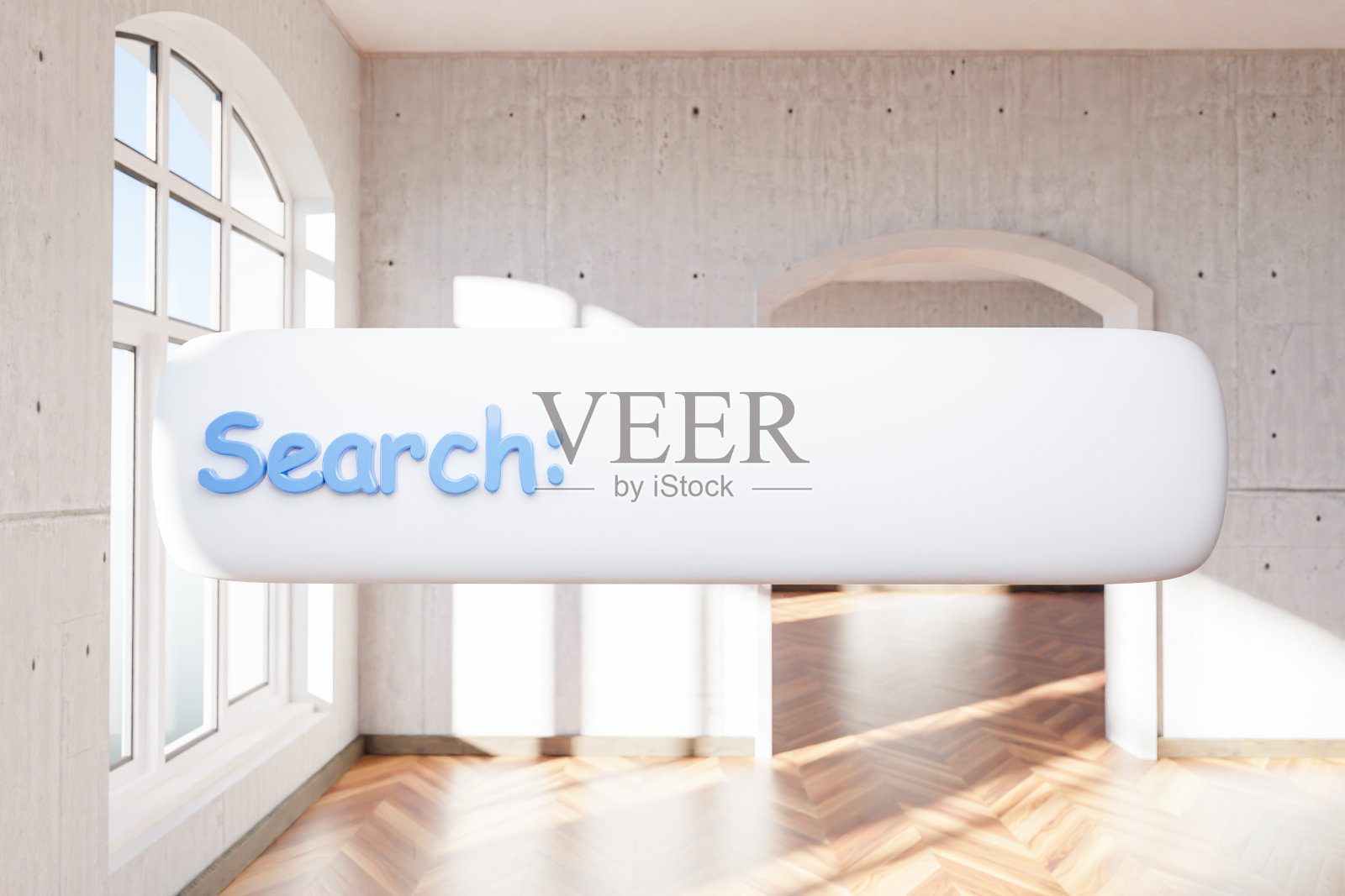 搜索框文本漂浮在空中，站在豪华的阁楼公寓与拱形窗户和简约的室内客厅设计;三维演示照片摄影图片