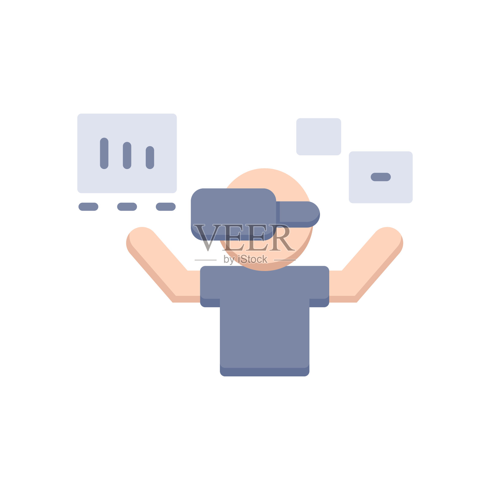 一个人使用虚拟现实眼镜，图标，矢量。插画图片素材