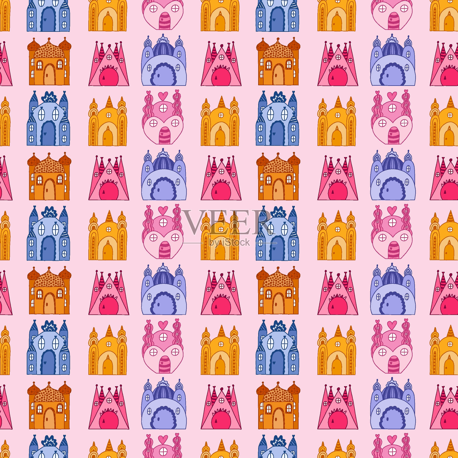可爱简单的无缝图案与童话城堡公主。幼稚无尽的背景与神奇的房子可以用于包装纸，背景，织物，剪贴簿。手绘彩色涂鸦。插画图片素材