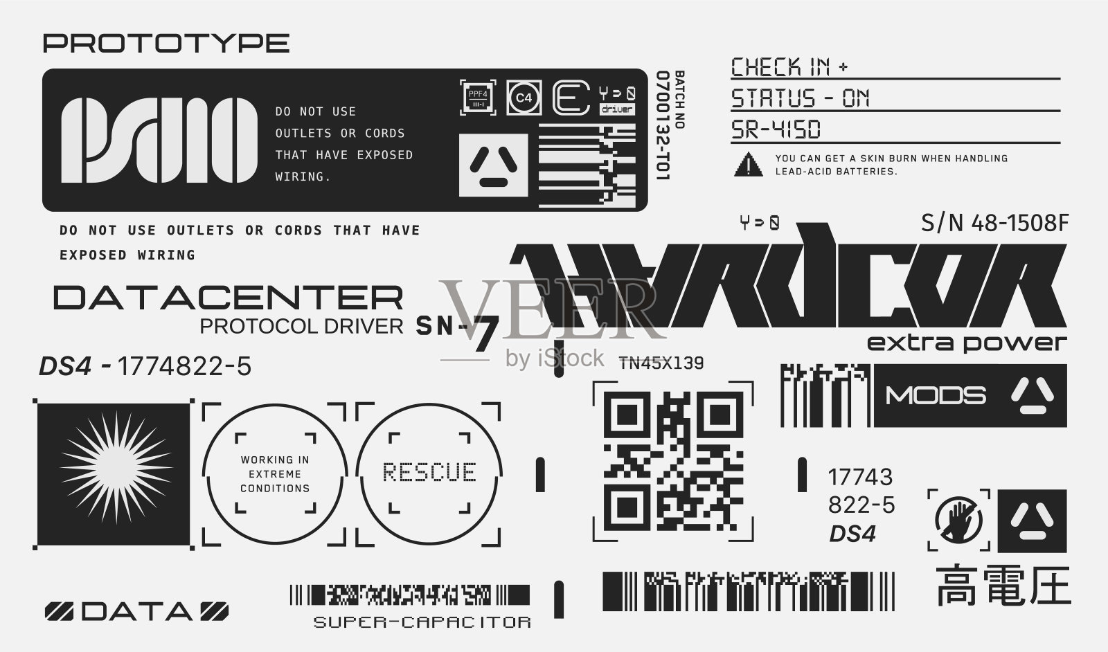 赛博朋克贴花套装。一组未来风格的矢量贴纸和标签。插画图片素材