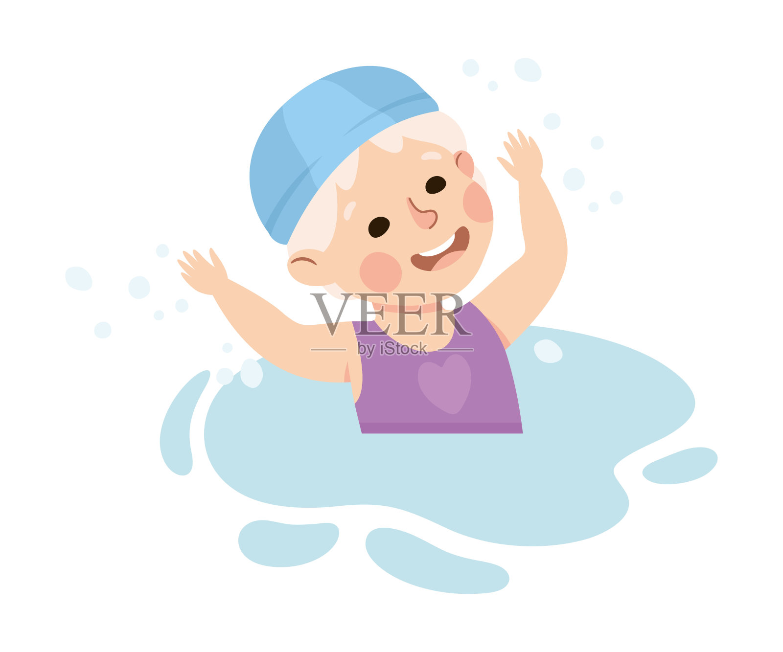 快乐的男孩在游泳池戴着帽子溅在水矢量插图插画图片素材