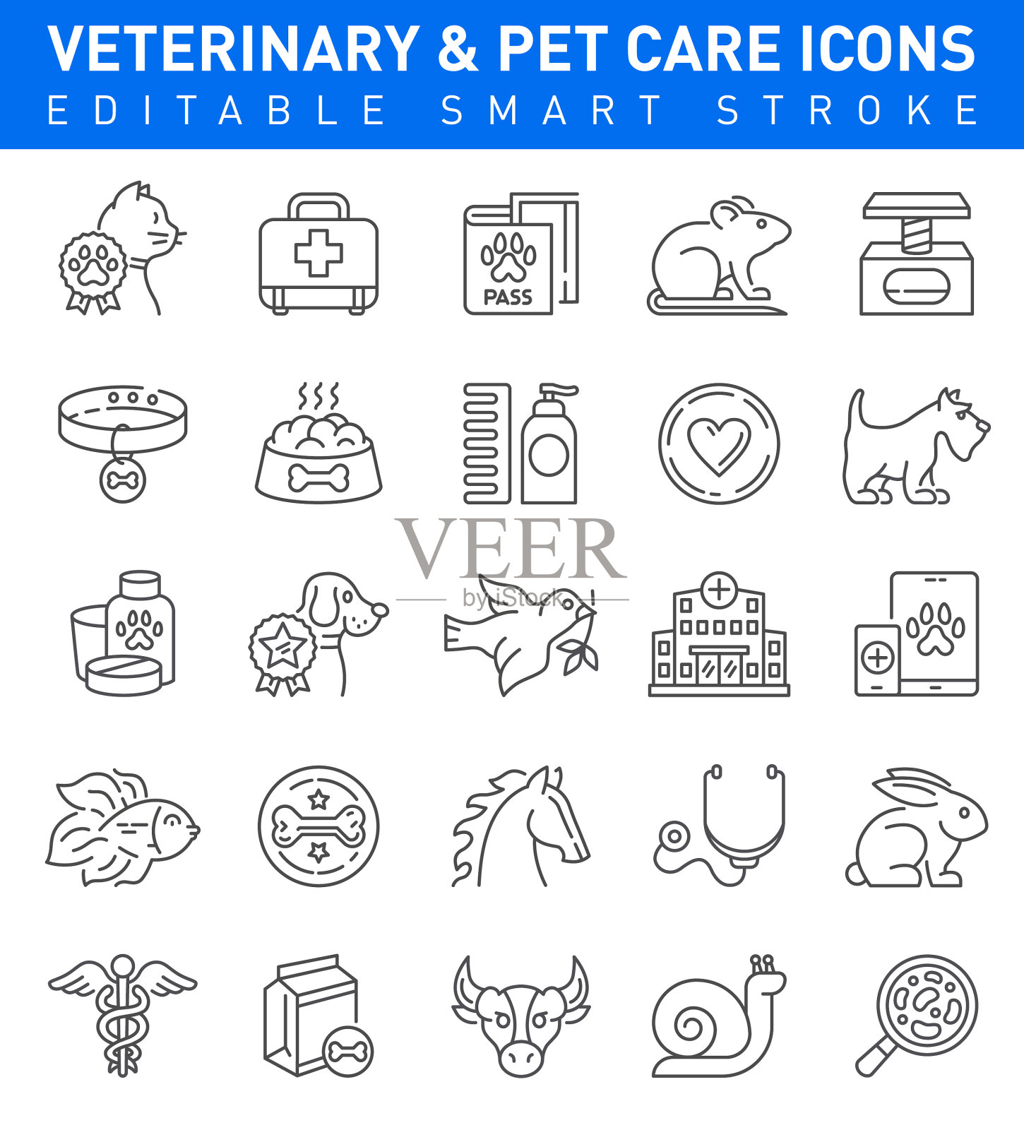 宠物护理和兽医图标。可编辑的中风集合插画图片素材