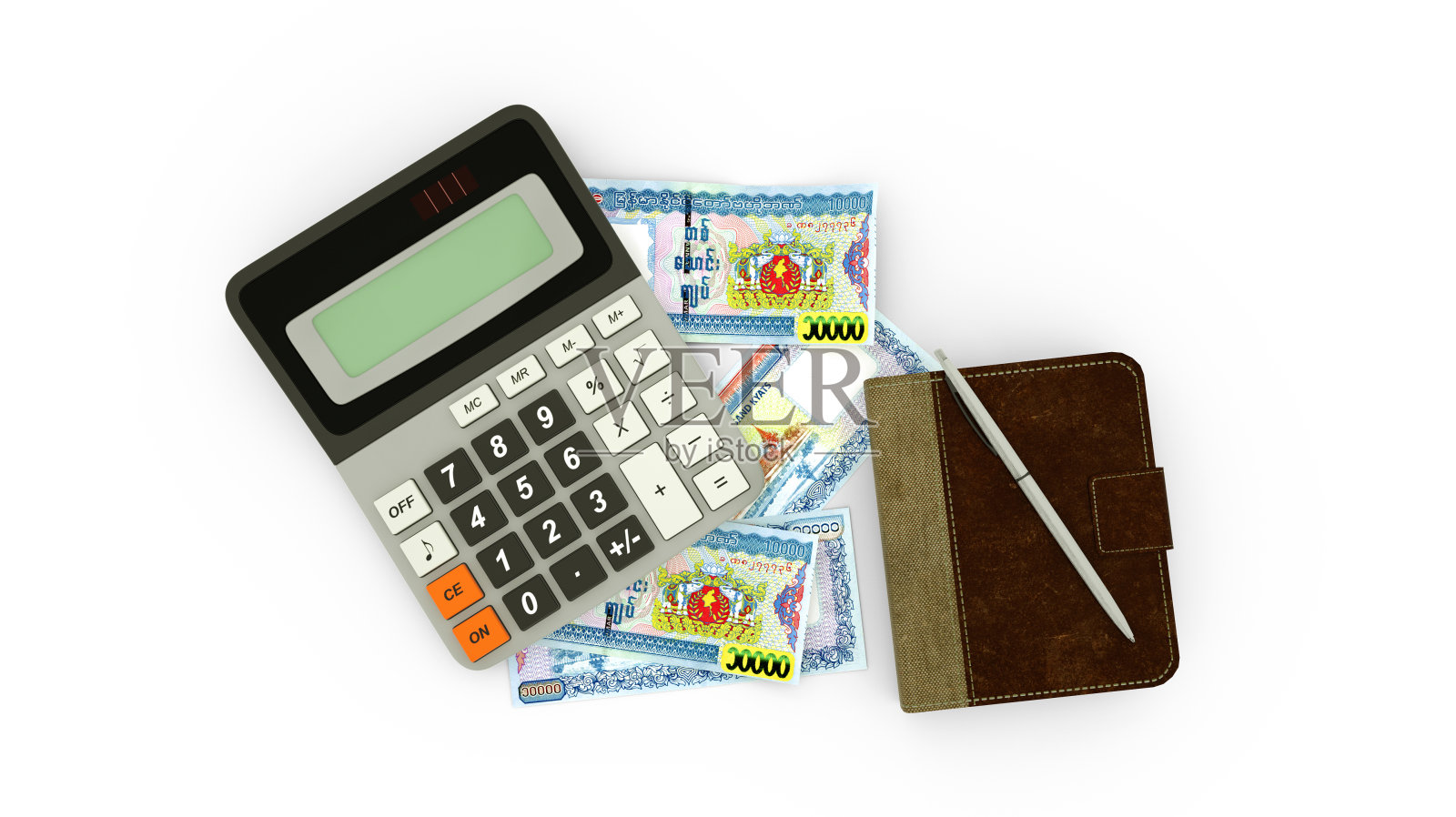 三维渲染缅甸缅元笔记，计算器，笔记本和一支笔的孤立组成照片摄影图片