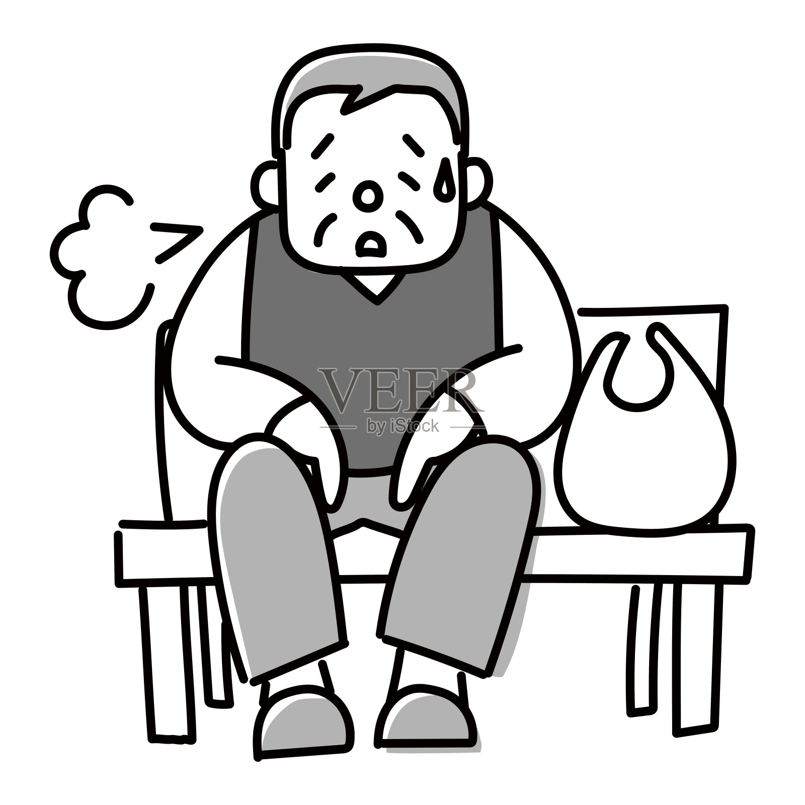 单色插图的老人休息在长凳上累在购物中间插画图片素材
