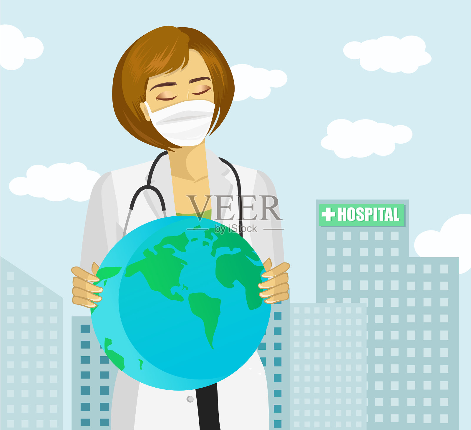 在全球范围内Covid-19大流行期间精疲力竭的医护医生插画图片素材