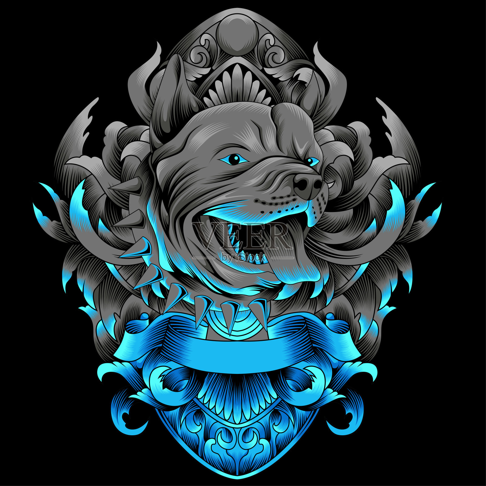 斗犬矢量插图与巴洛克装饰插画图片素材