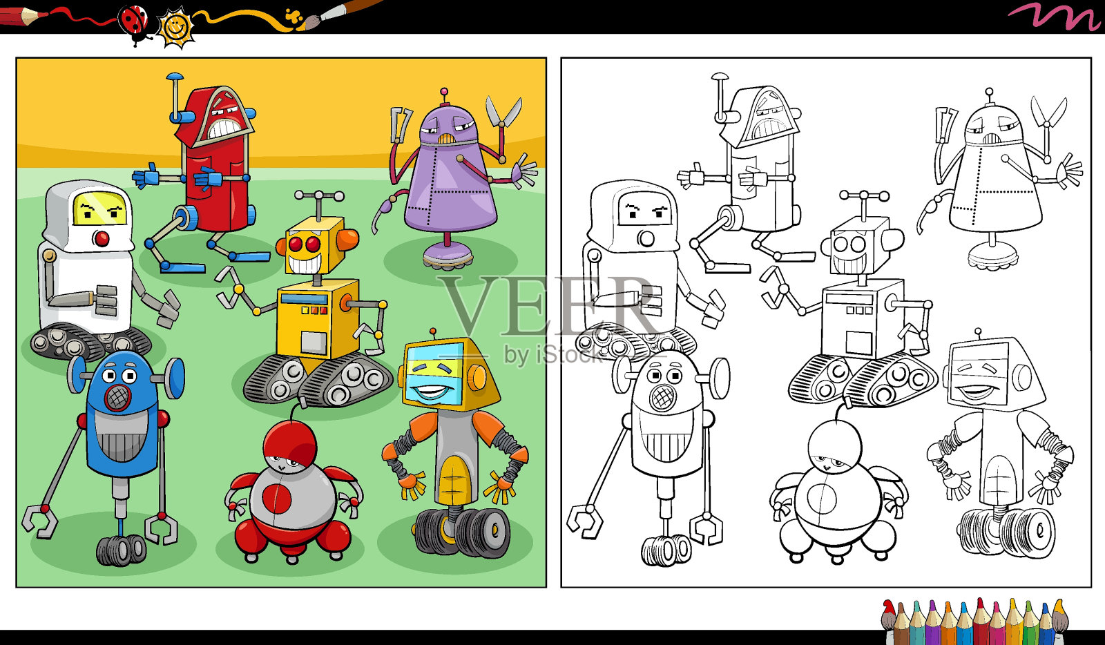漫画机器人或机器人角色组着色页插画图片素材