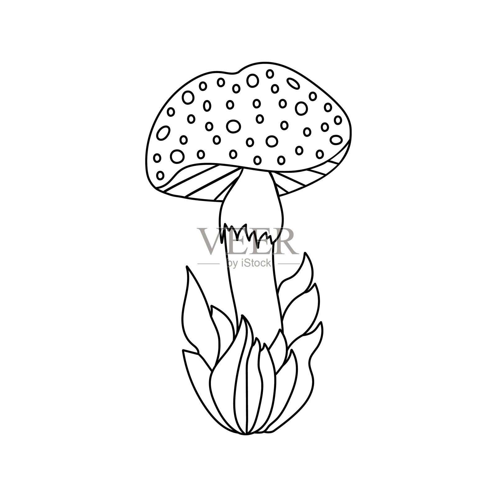 手绘蘑菇草，涂鸦可爱的苍蝇木耳在卡通风格。孤立在白色背景上。插画图片素材