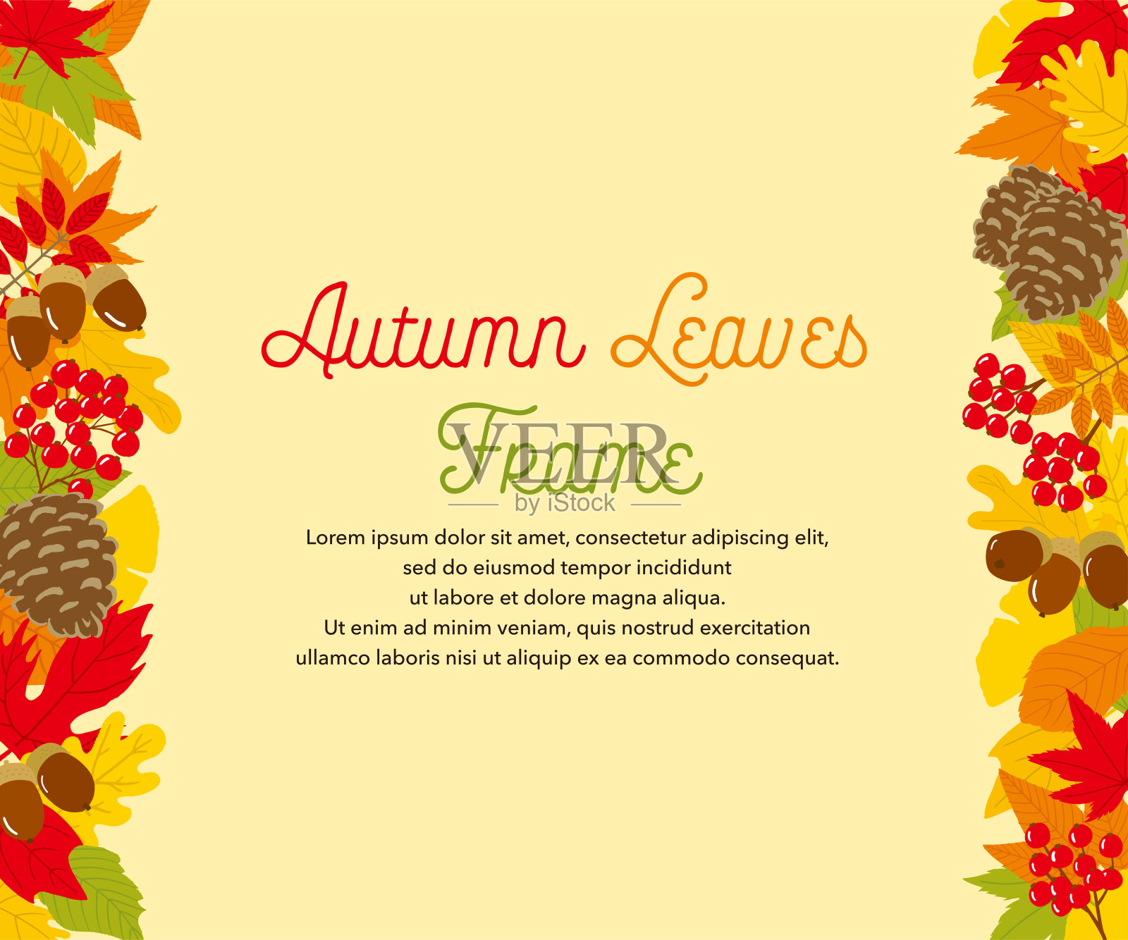 用秋天的树叶和坚果做成的手绘画框。插画图片素材