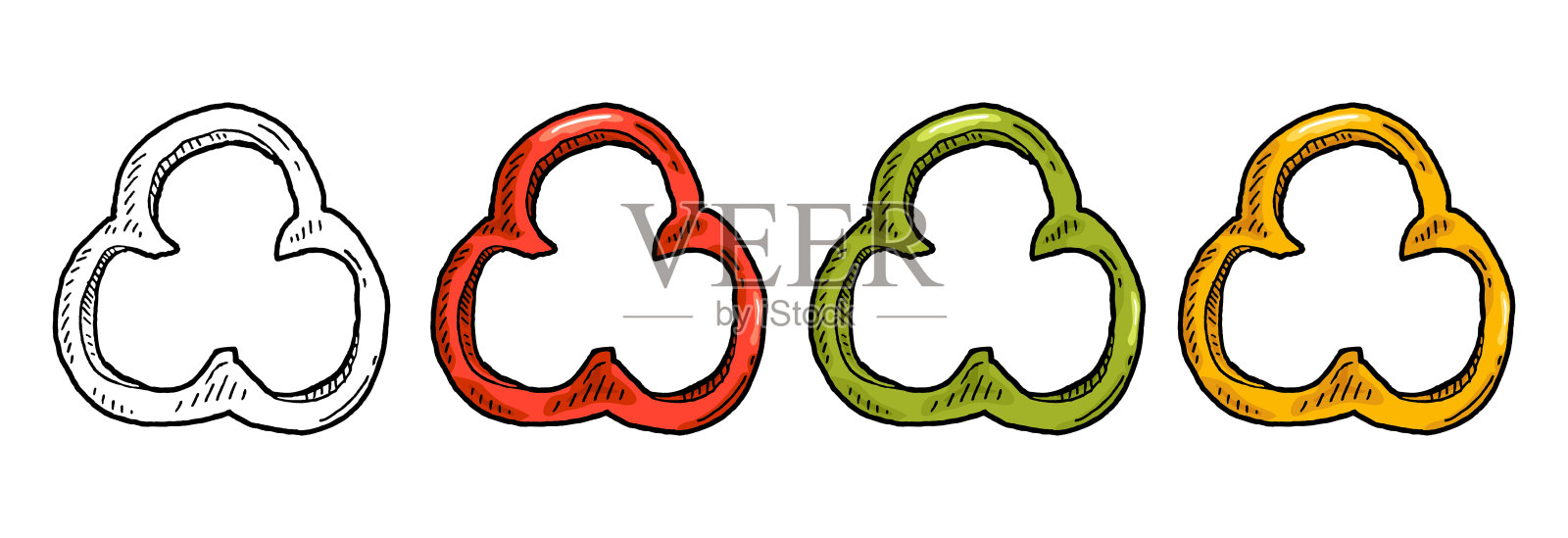 红、绿、黄甜椒切片。复古矢量雕刻插画图片素材