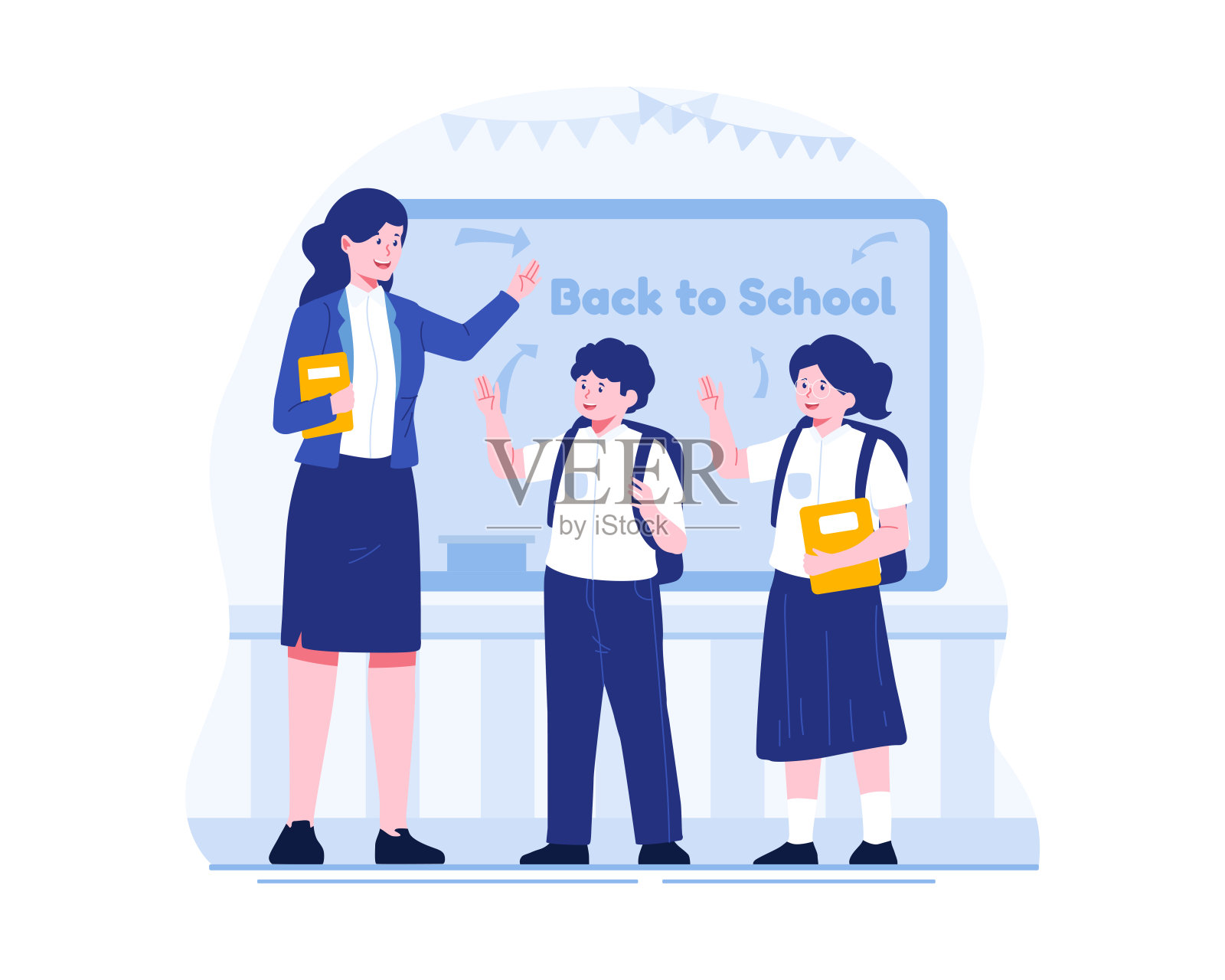 返校概念图。一位女老师欢迎学生进入课堂插画图片素材