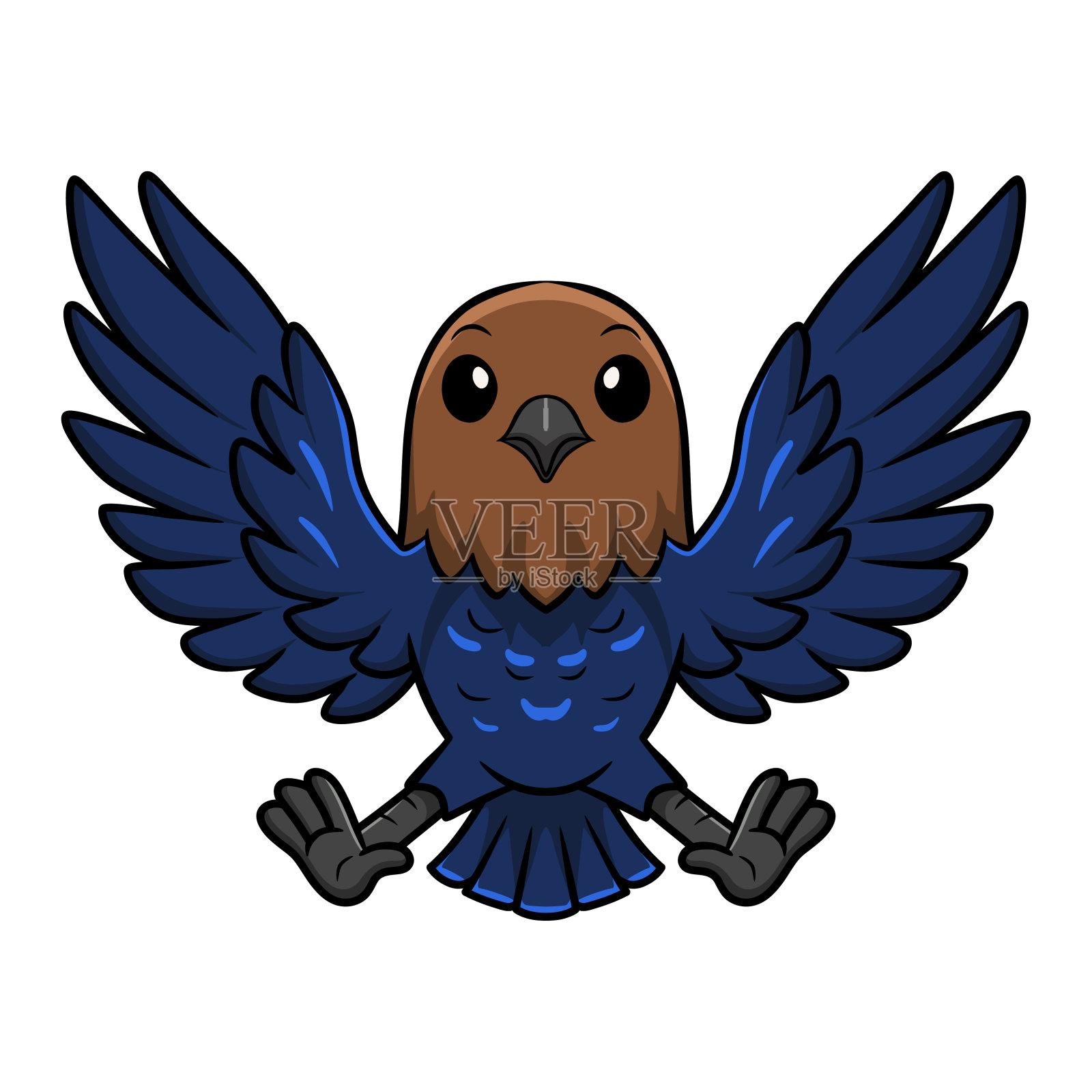 可爱的棕色头牛仔鸟卡通飞行插画图片素材