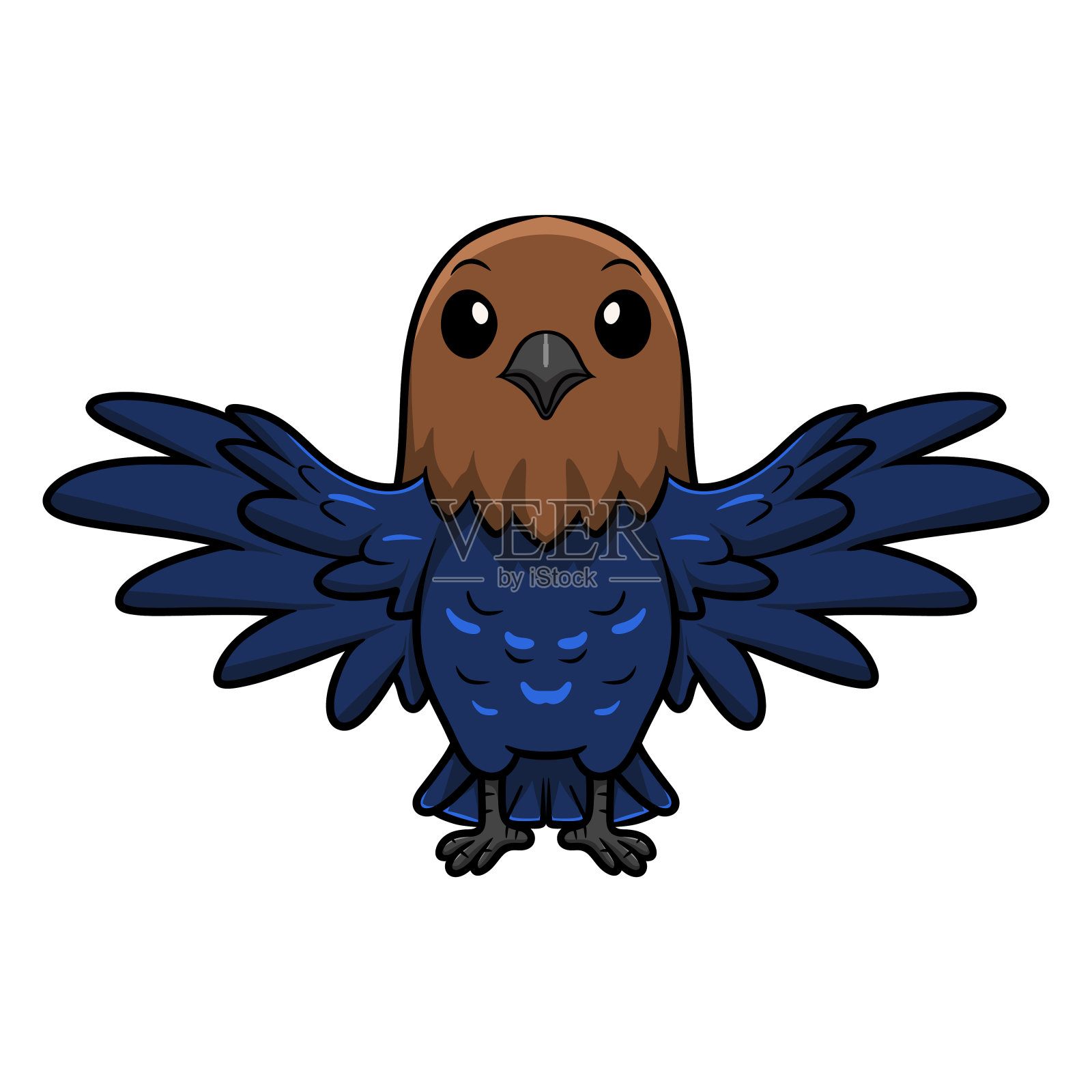 可爱的棕色头牛仔鸟卡通飞行插画图片素材