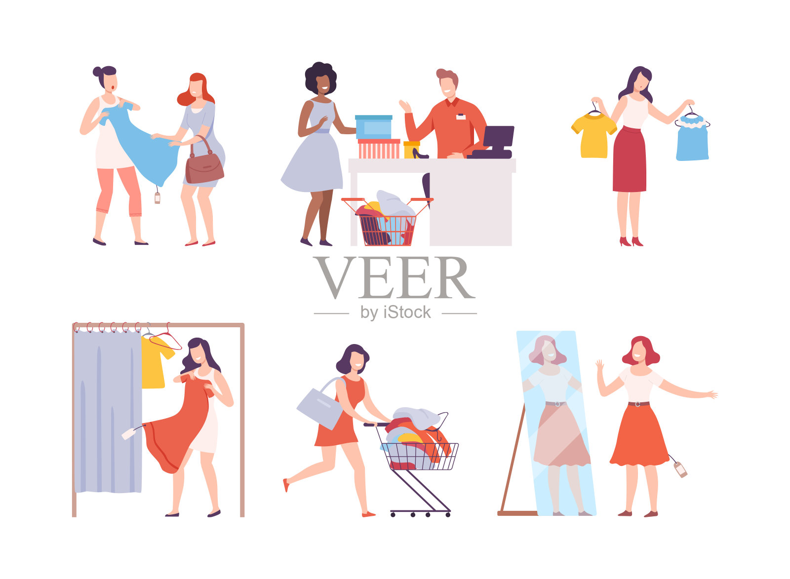 女人们在商店里试穿和购买衣服。参加季节性大甩卖的女孩。黑色星期五销售事件平面矢量插图插画图片素材