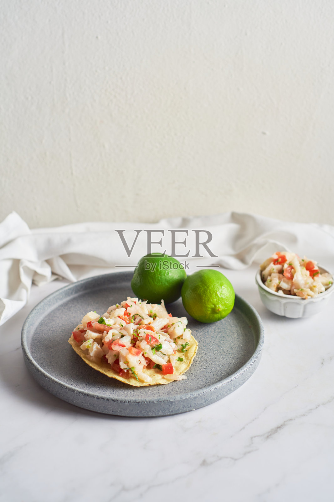 美味的酸橘汁腌鱼配蔬菜和玉米饼照片摄影图片