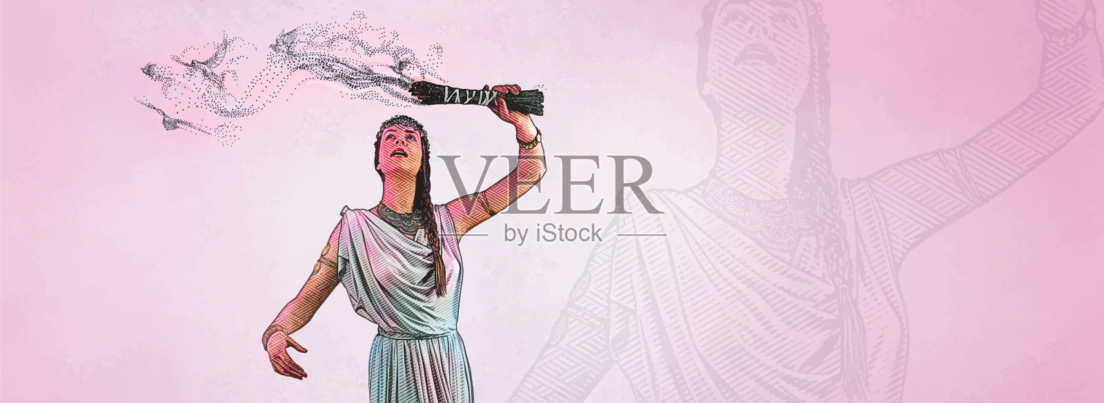 雕刻的是一个灵性的女人在进行圣人熏黑仪式用烟雾变形成飞翔的鸽子设计模板素材