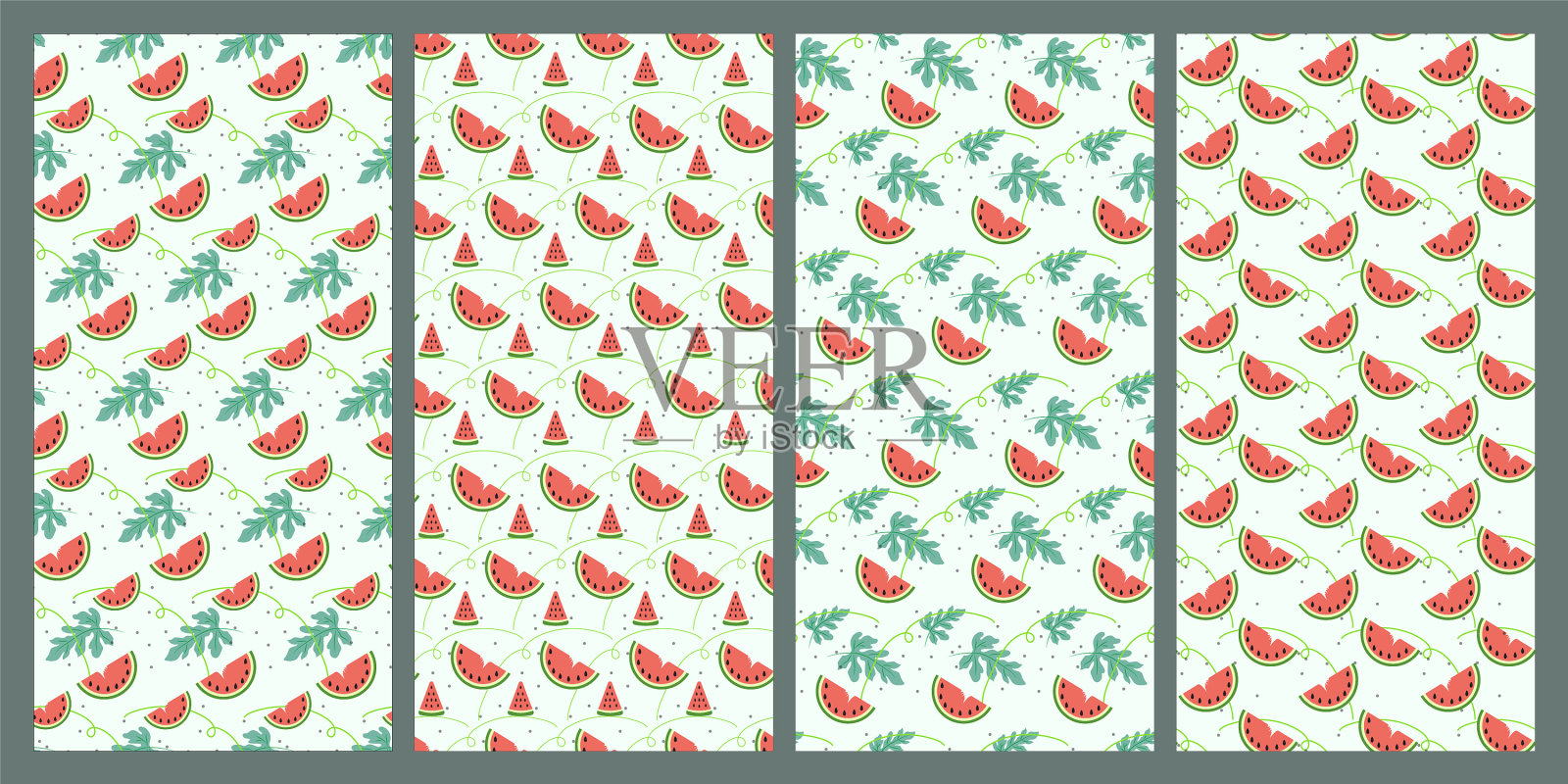 一套西瓜和叶子无缝图案水果插画图片素材