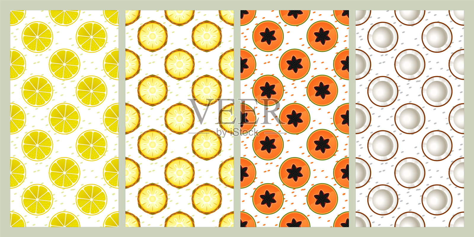 套无缝图案柠檬菠萝木瓜插画图片素材