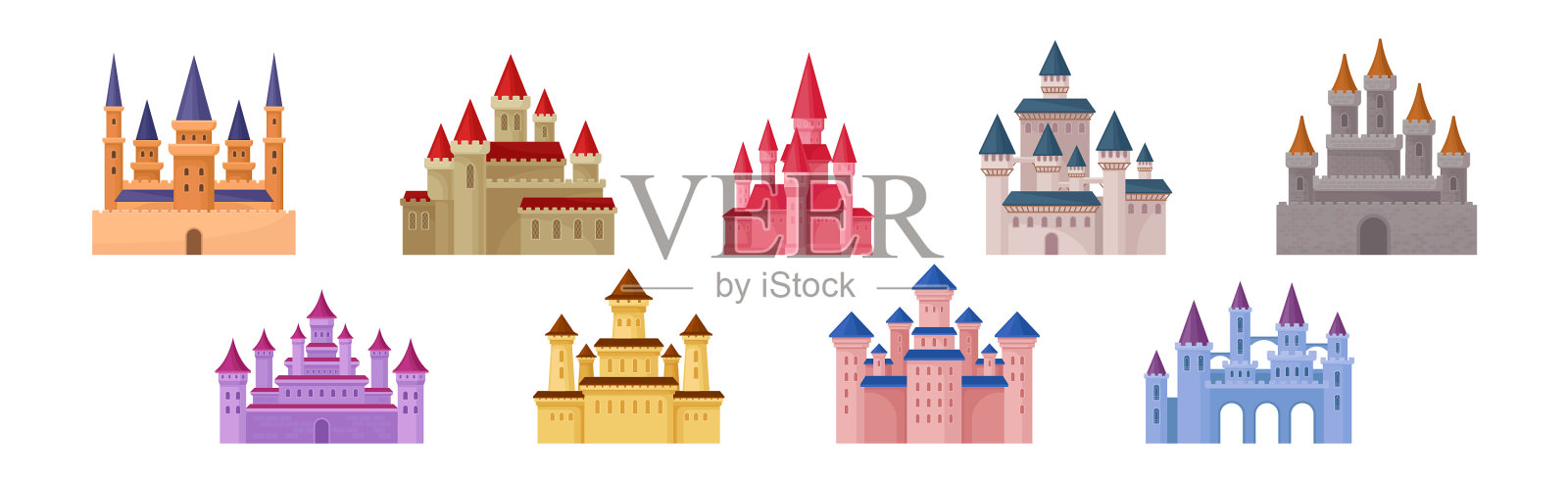 色彩斑斓的中世纪城堡，石墙高耸插画图片素材