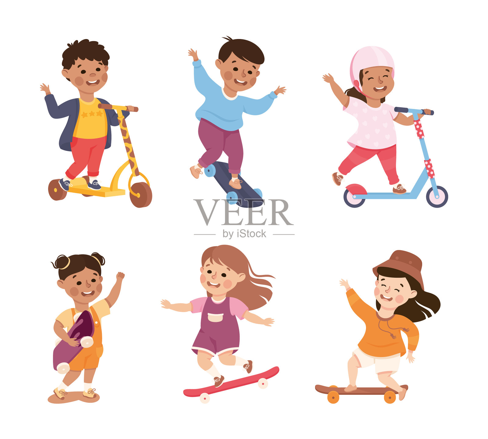 小女孩和男孩骑着滑板车和滑板进来插画图片素材