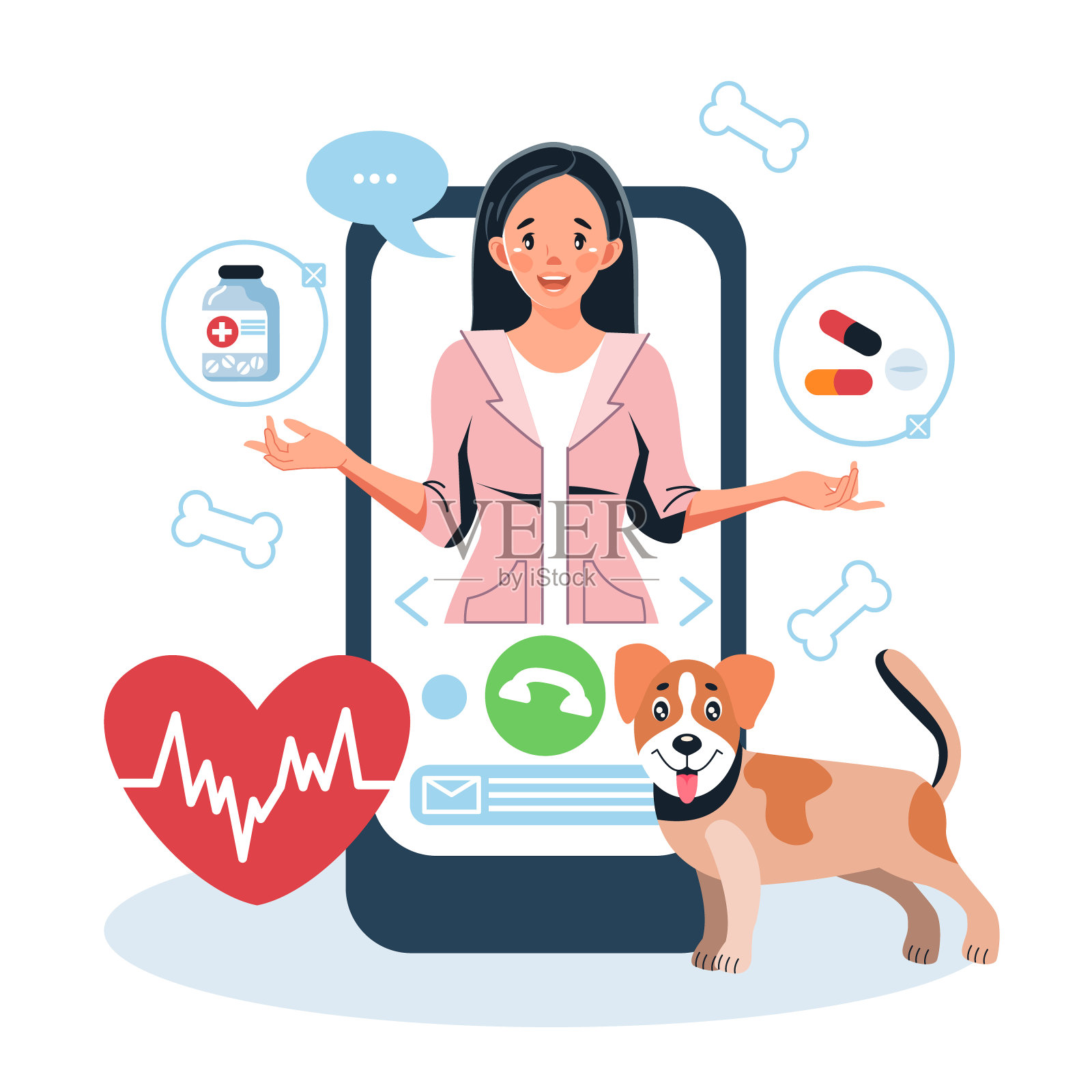 一位女兽医在网上治疗一只狗。现代医疗技术插画图片素材