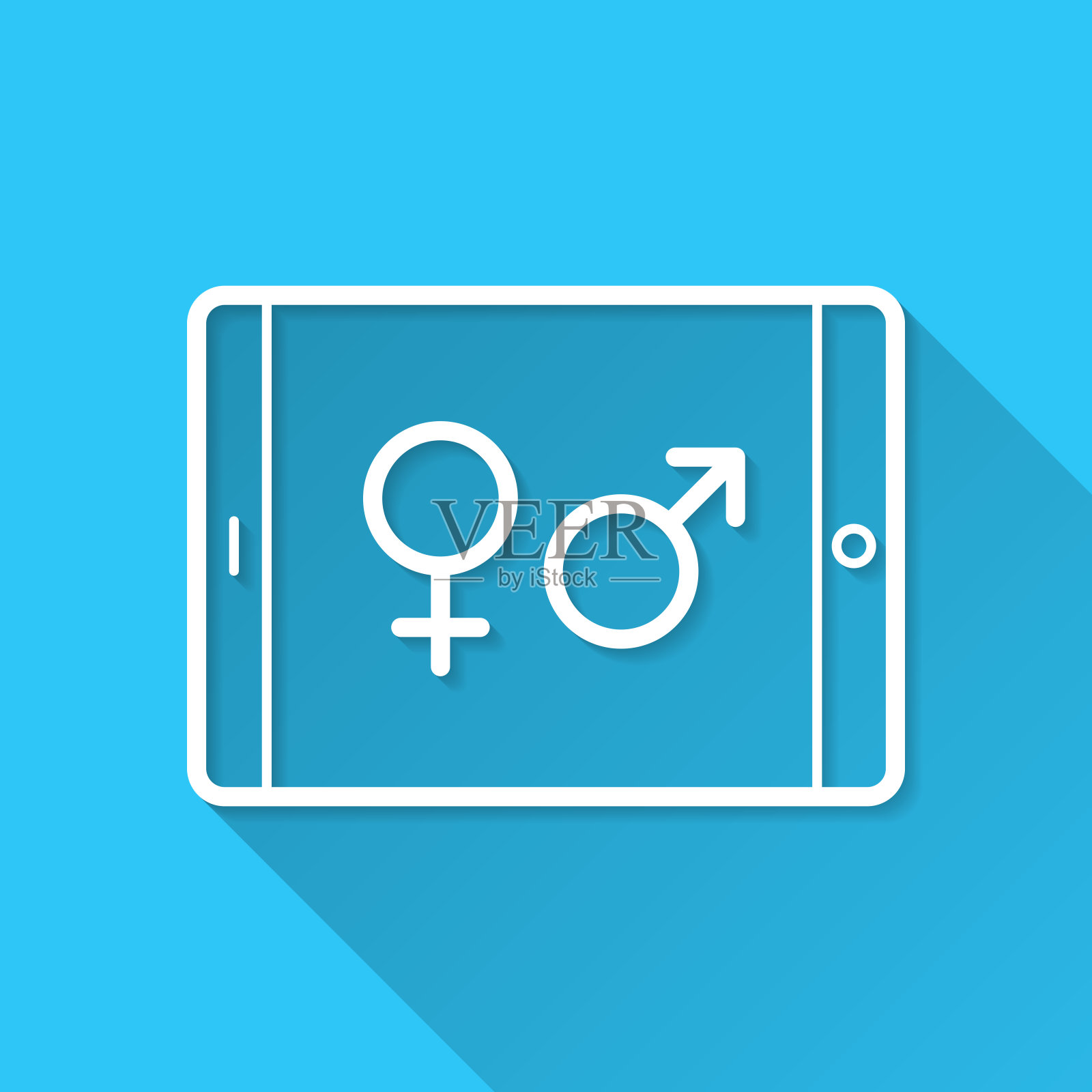 带有性别符号的平板电脑。图标在蓝色背景-平面设计与长阴影插画图片素材