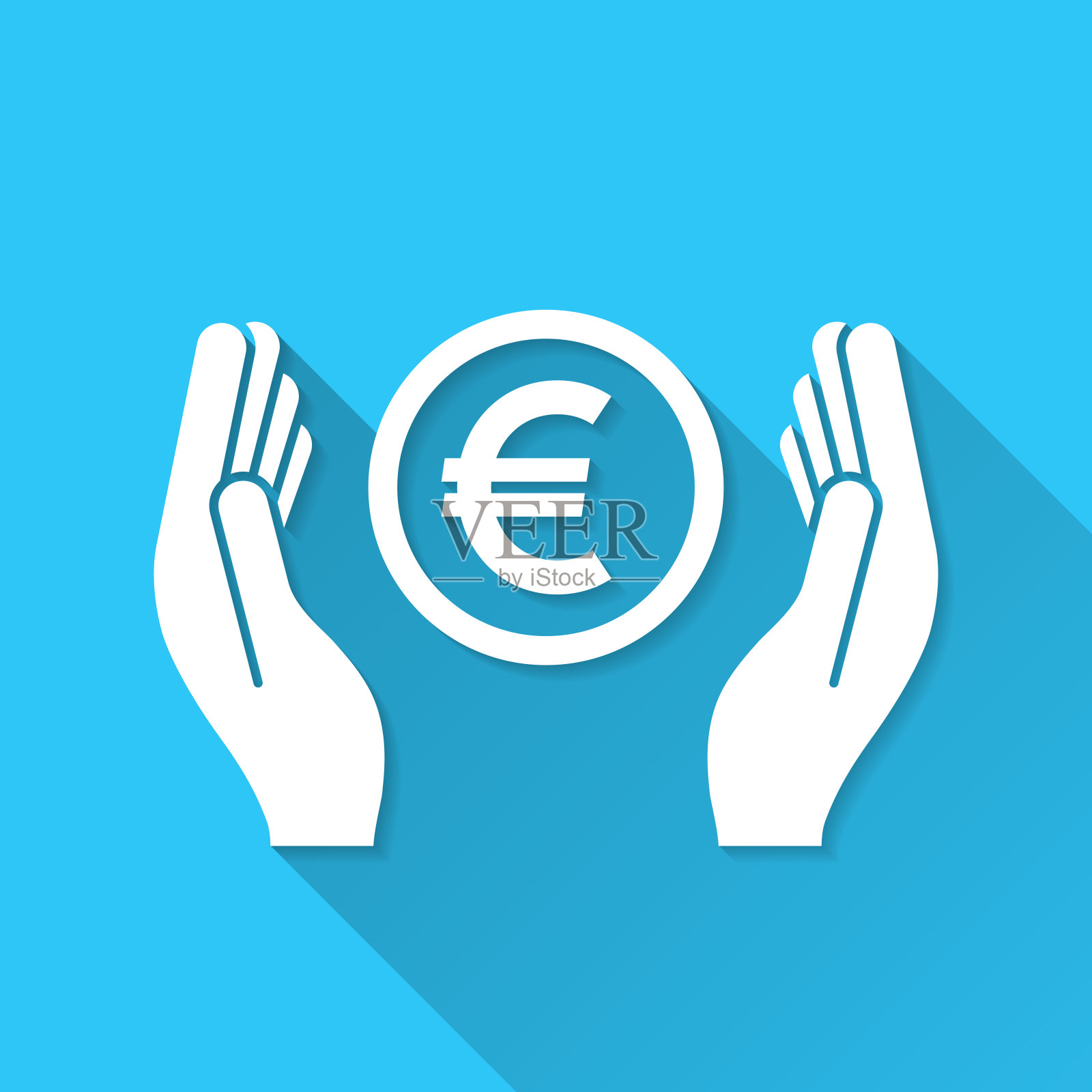 手中拿欧元硬币。图标在蓝色背景-平面设计与长阴影插画图片素材