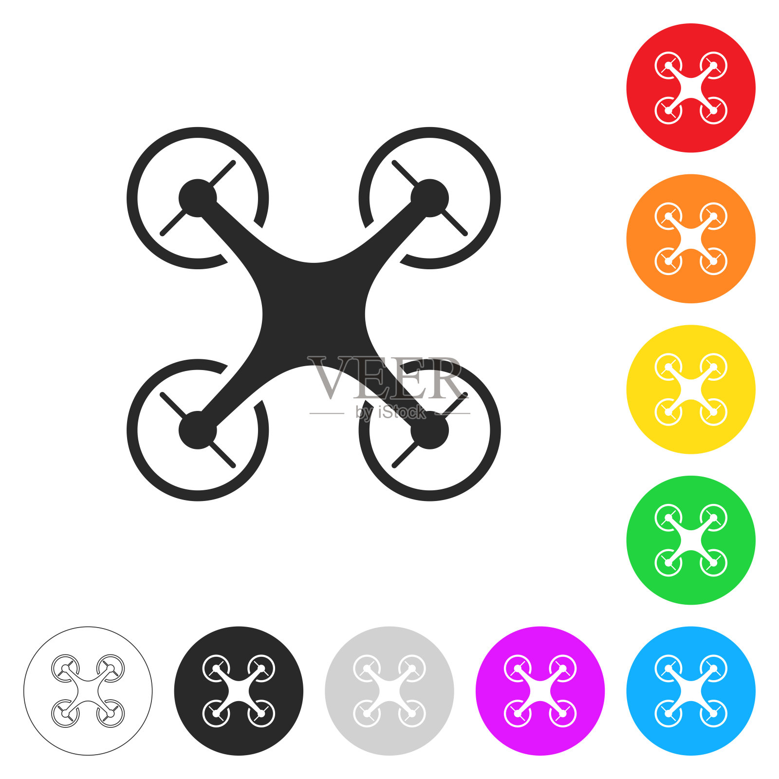 无人机——四轴飞行器。彩色按钮上的图标插画图片素材