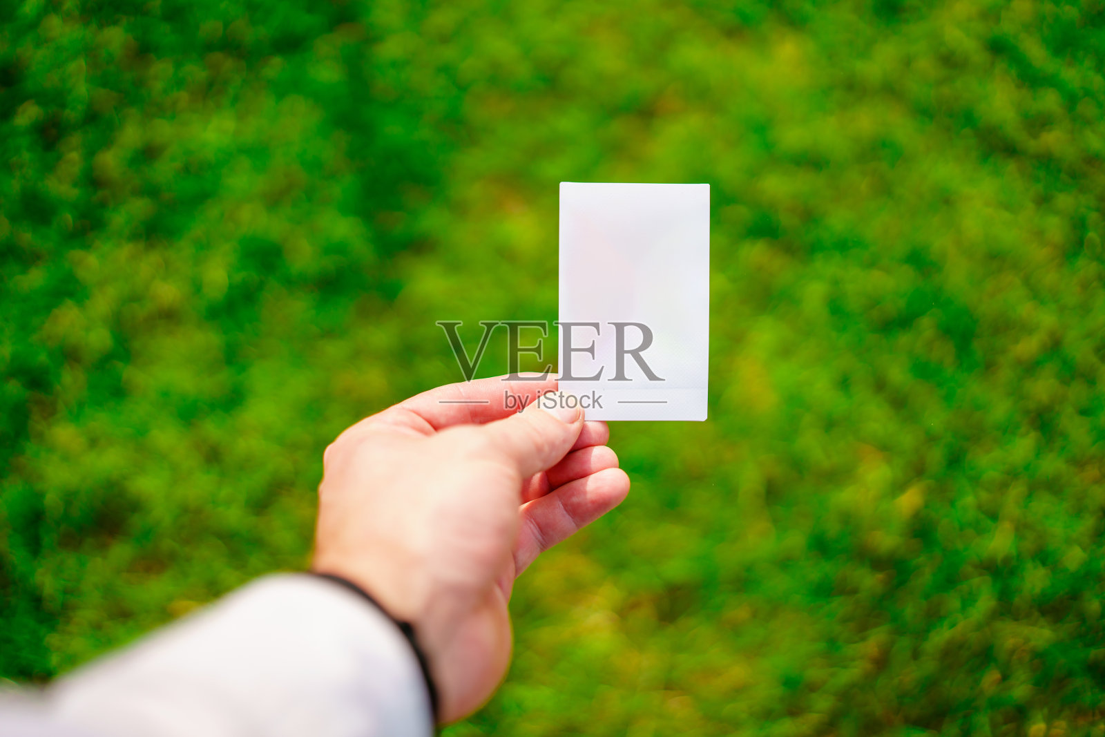 绿色草坪背景上的空白卡片。照片摄影图片