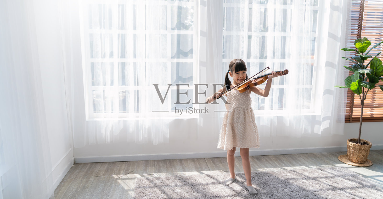 年轻的亚洲学步小女孩的肖像练习学习小提琴教室在白色的房间在家里或学校孤立。教育、爱好、休闲、专业、技能、生活理念照片摄影图片