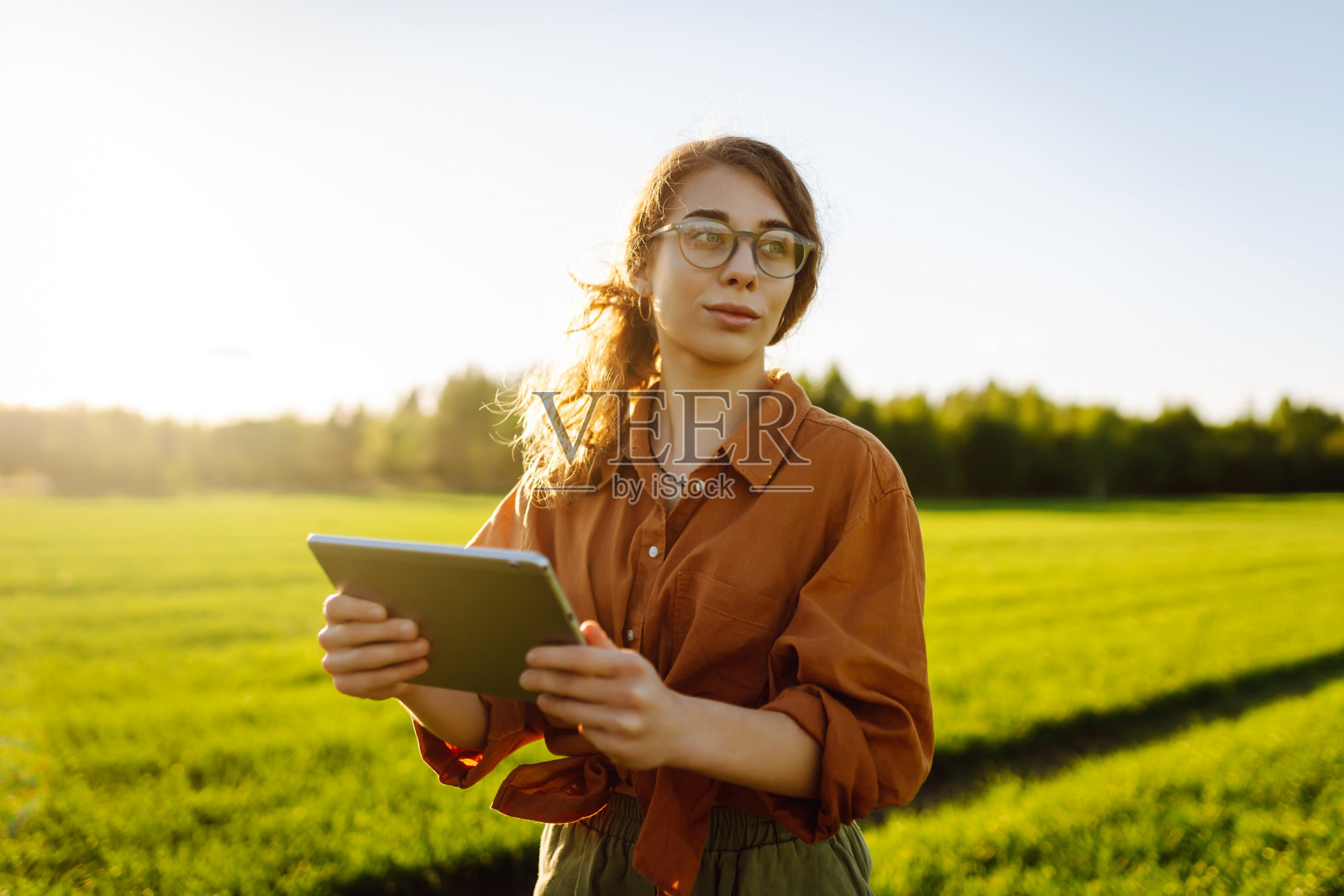 聪明的农场。一位女农民在平板电脑上使用一款专门的应用程序来检查小麦照片摄影图片