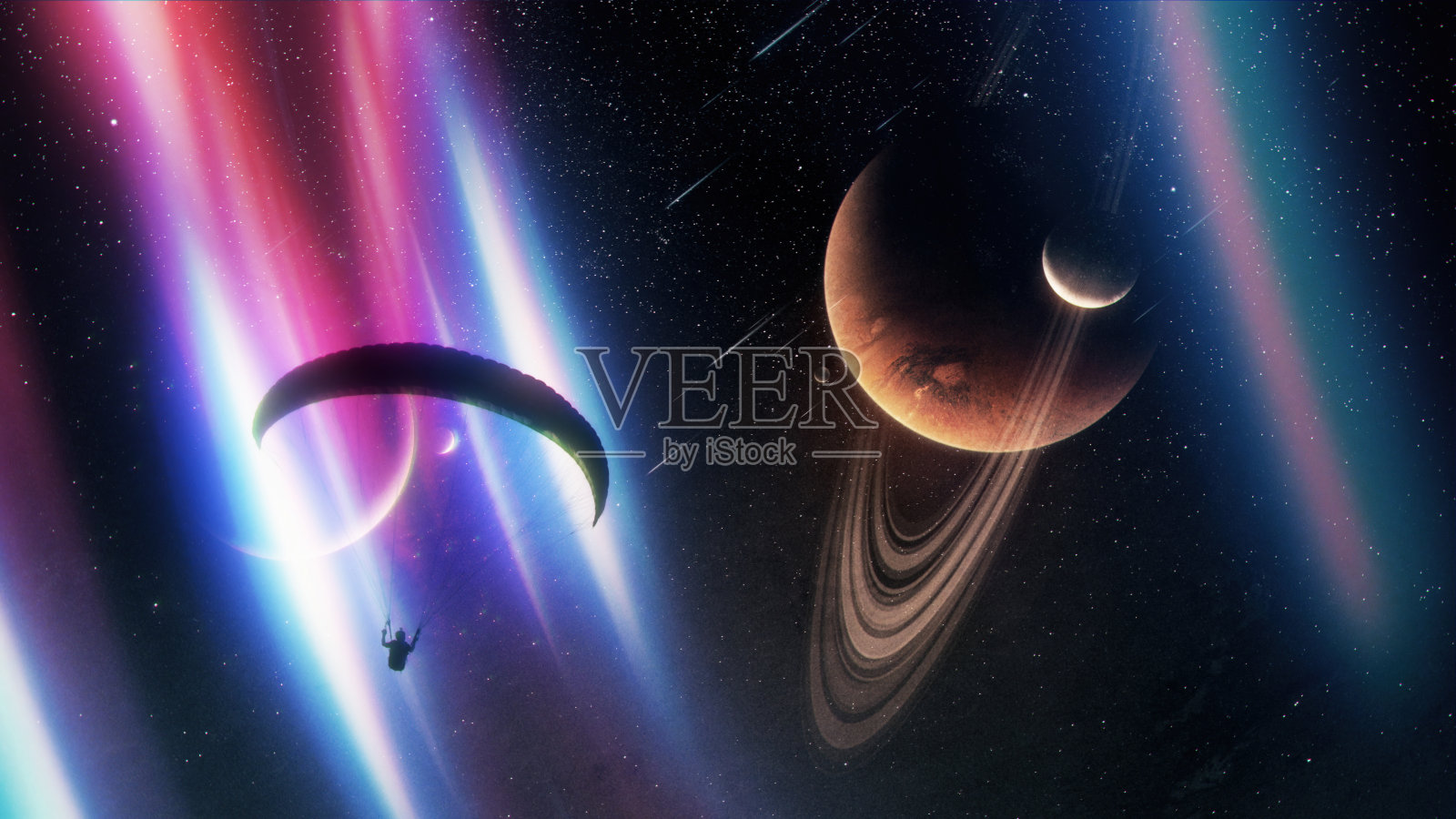 在外太空飞行的滑翔伞。自由的概念照片摄影图片