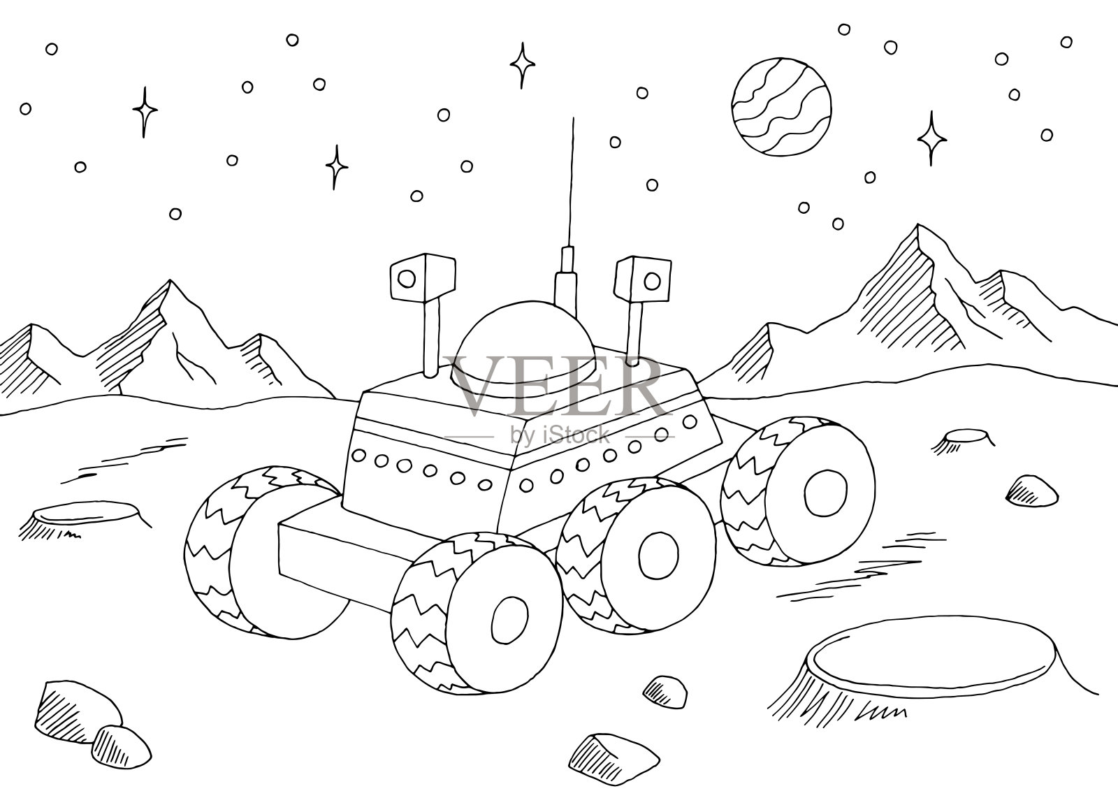 火星漫游者在外星星球图形黑白空间景观素描插图矢量插画图片素材