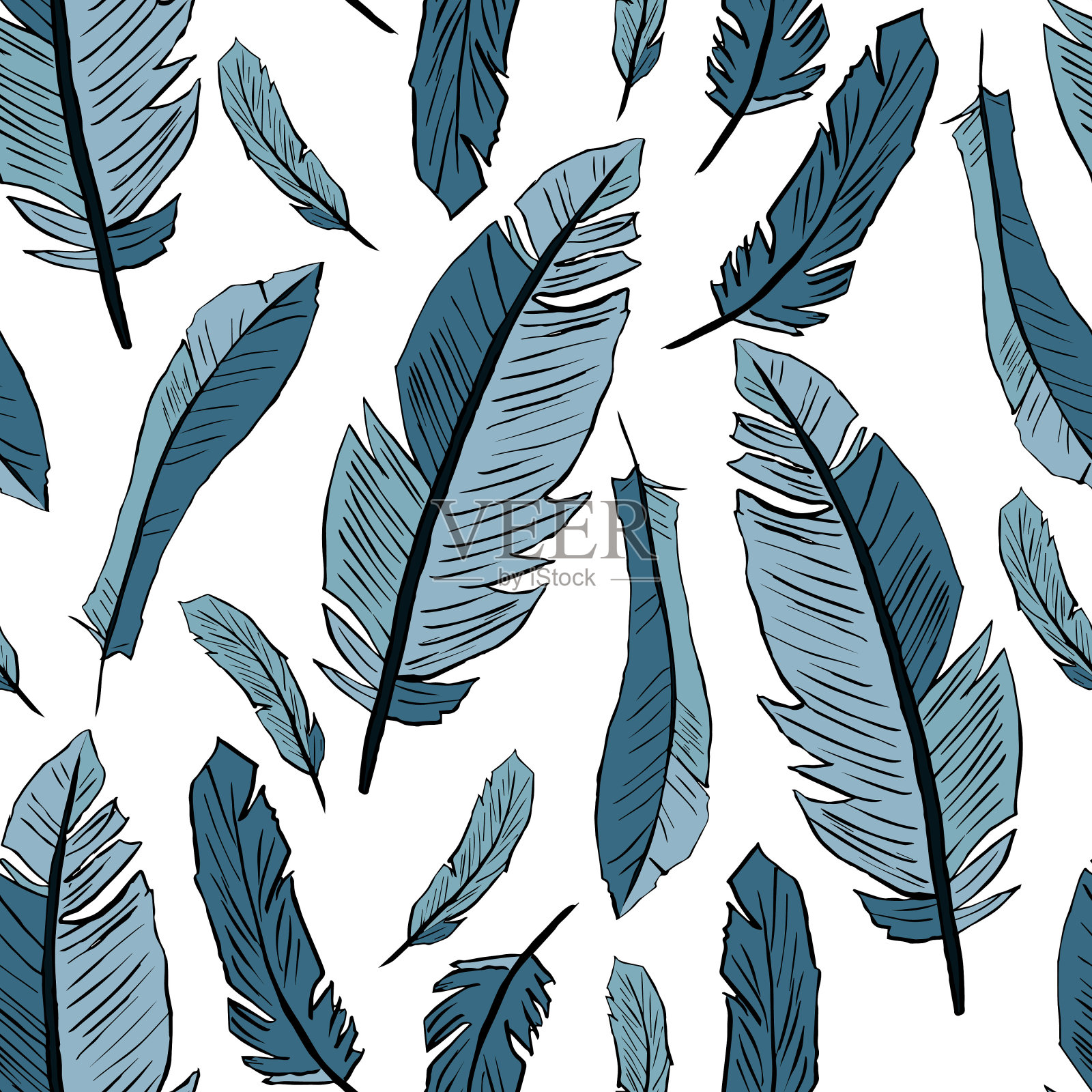 白色背景上的蓝色羽毛的无缝矢量图案。手上画着鸟的羽毛。插画图片素材