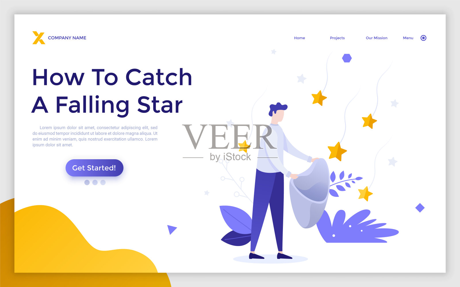 登陆页面模板与人收集流星进入袋。最好的机会，好运，财富或财富，事业成功，梦想的概念。现代平面矢量插图的网站。设计模板素材