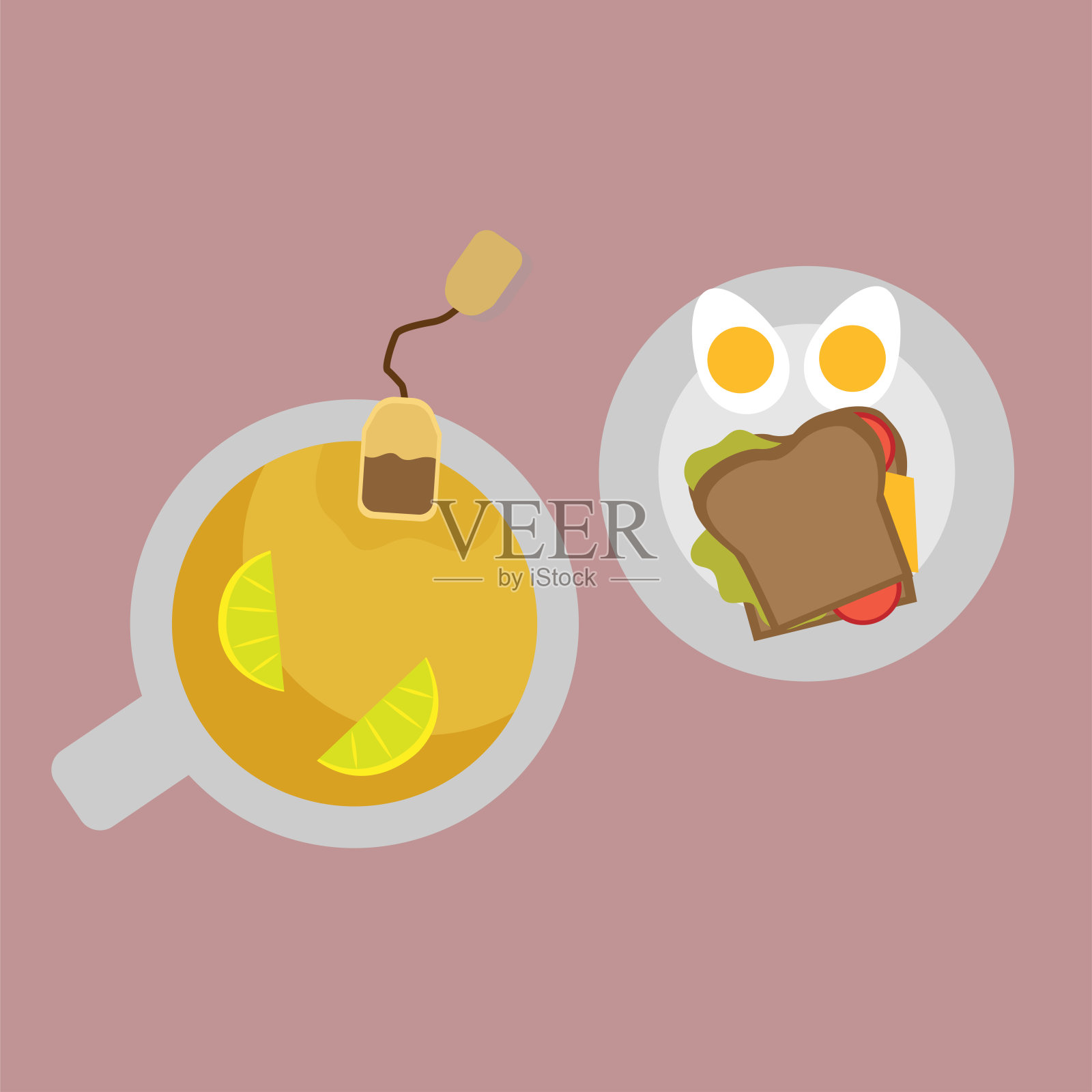 蕃茄片三明治和一杯柠檬茶。插画图片素材