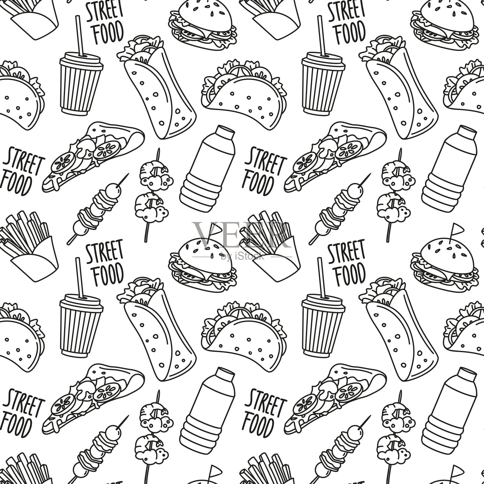 街头食品单色设计。轮廓草图。无缝模式。插画图片素材