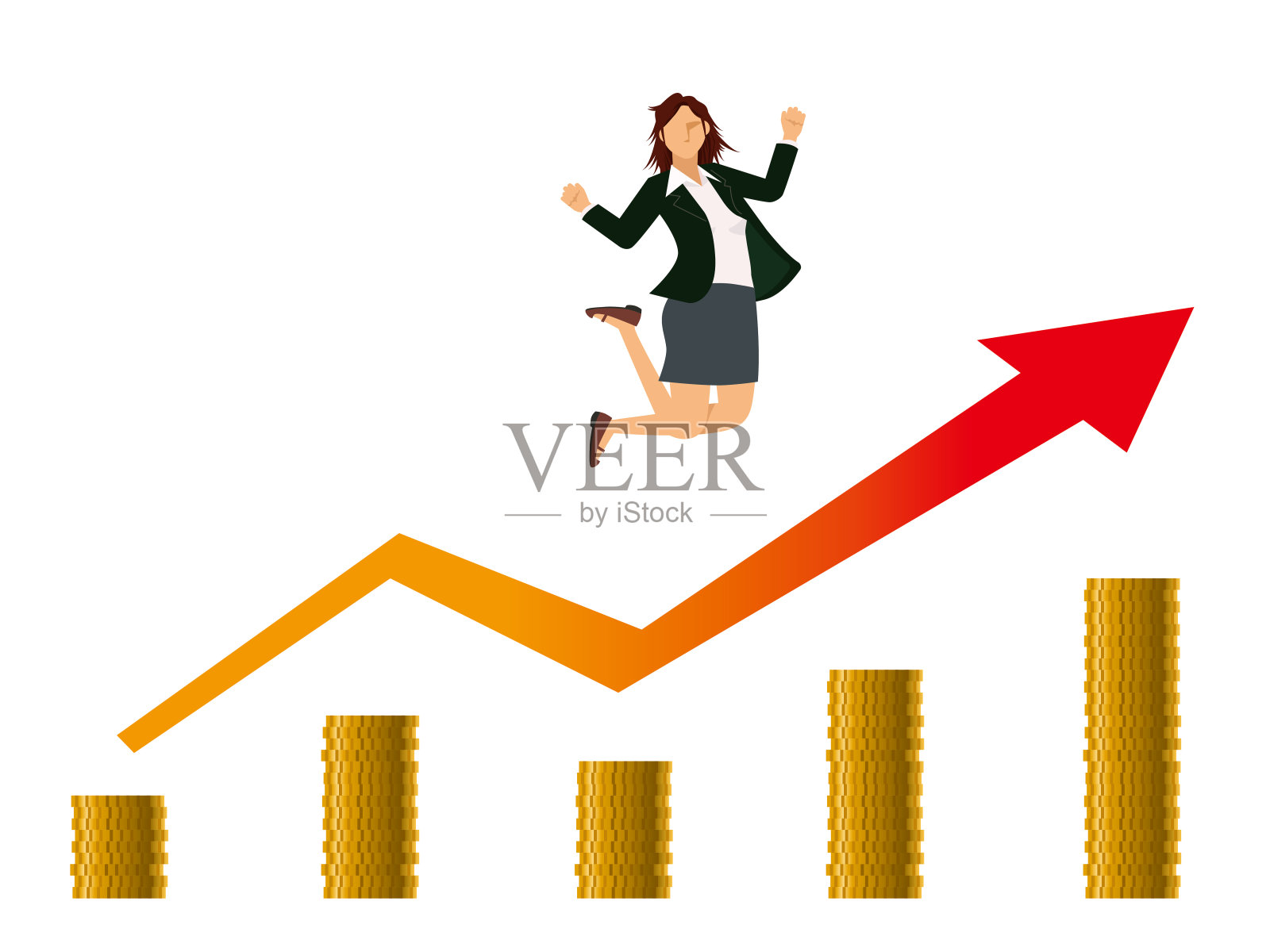 财务形象的平面插图。一个乐于赚钱的东方女人，一个向右上升的箭头，还有一个钱币图表。插画图片素材