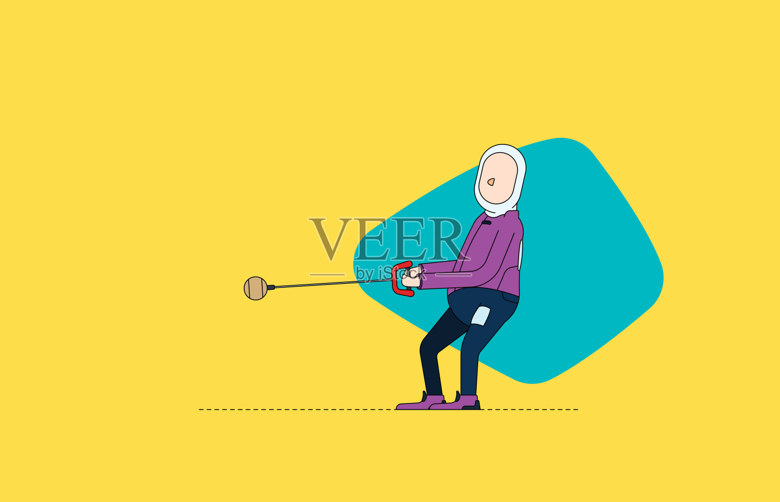 带着头巾参加国际链球比赛的职业女运动员。彩色插图与充满活力的黄色和蓝绿色背景。插画图片素材