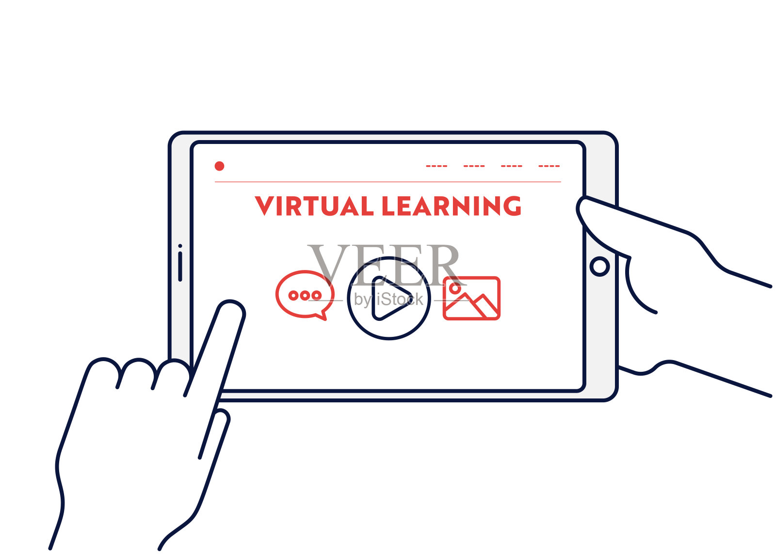 虚拟学习概念与线数字平板插图与可编辑的笔触。插画图片素材