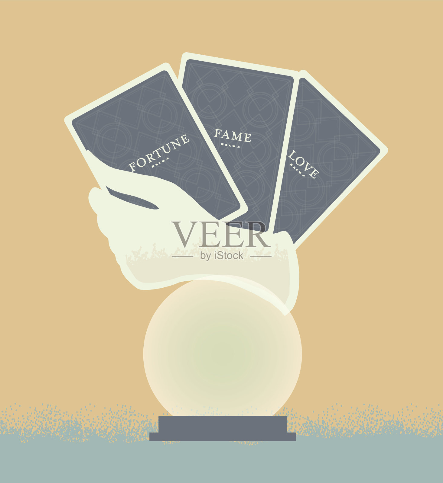 手握塔罗牌与水晶球插画图片素材