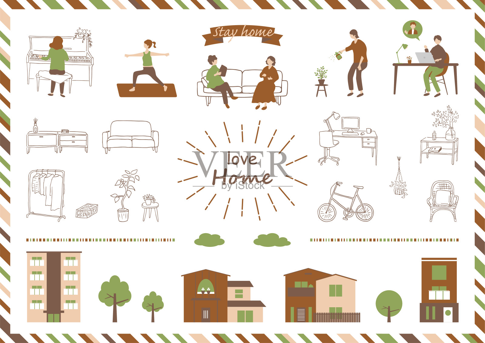 室内家具和平装风格的日常人物插图插画图片素材