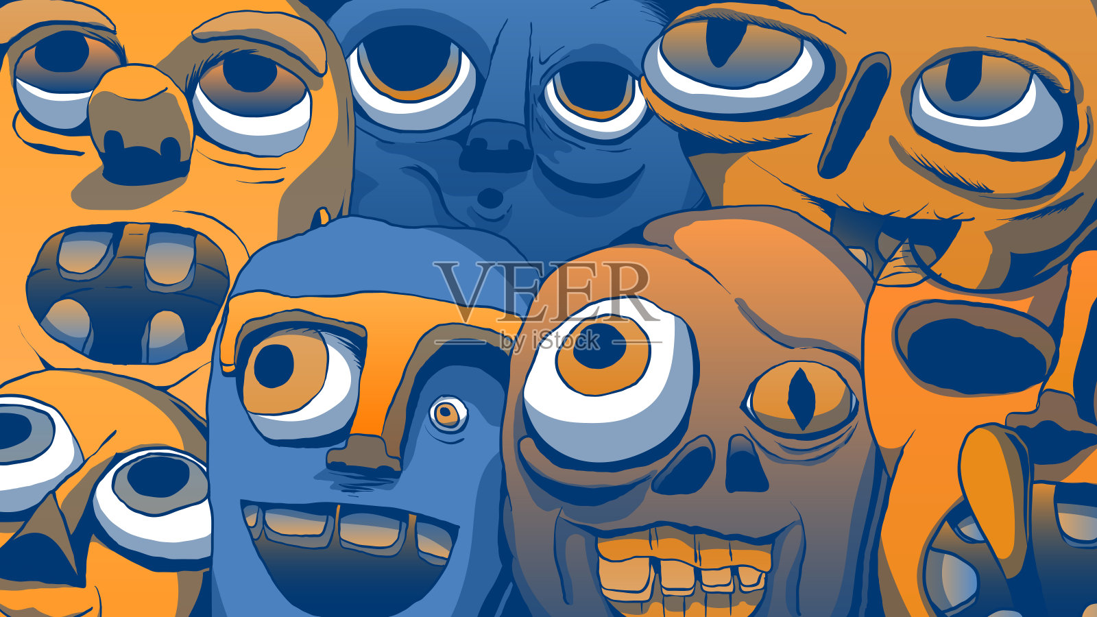 手绘漫画书插图-滑稽的拟人面孔。插画图片素材