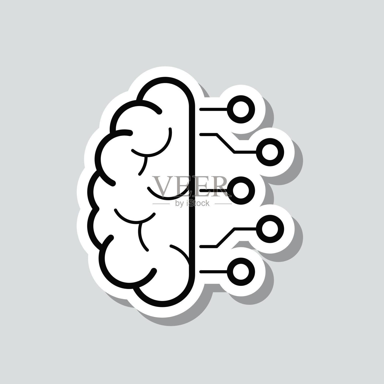 大脑和电路板。图标贴纸在灰色背景插画图片素材