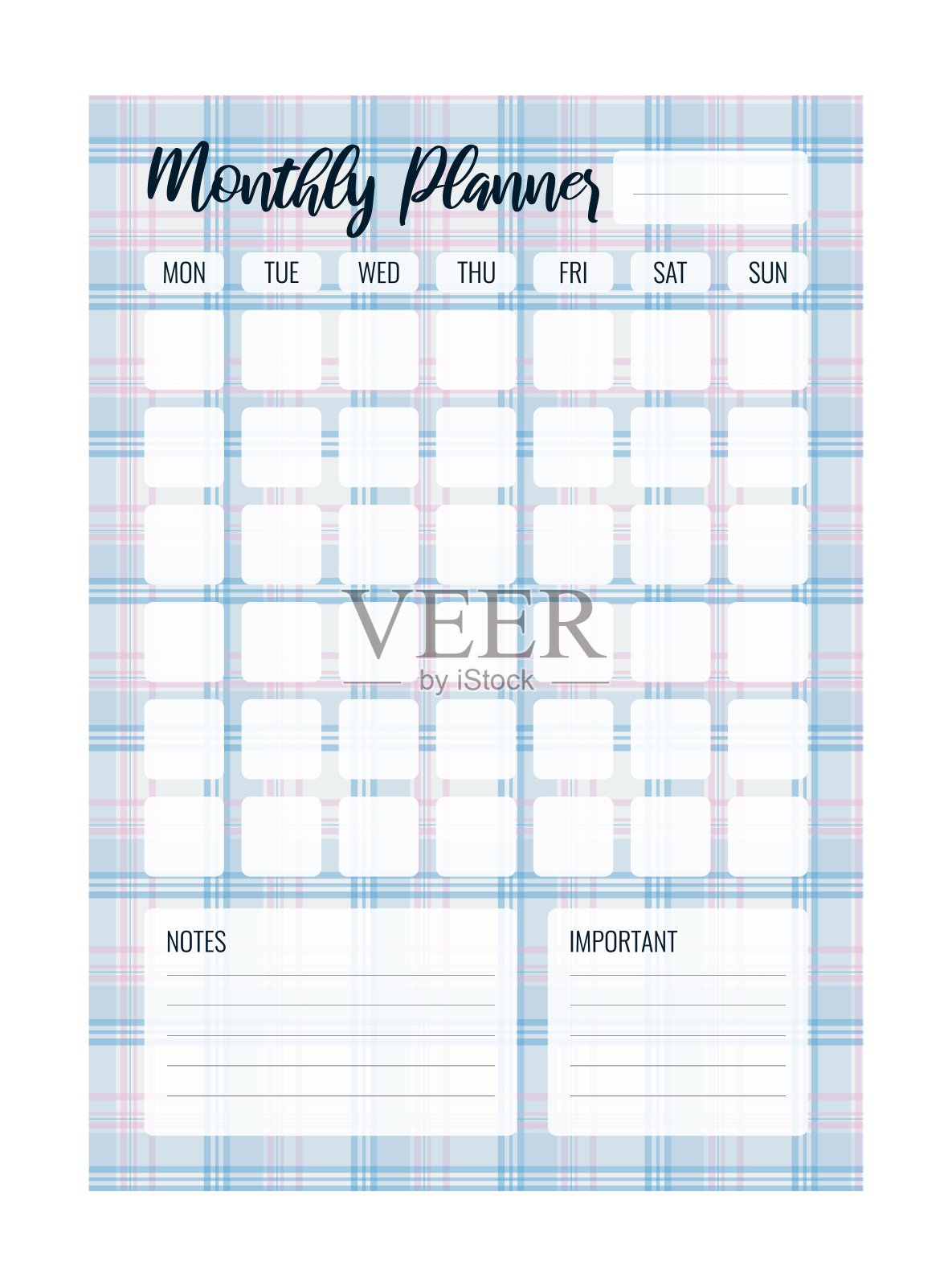 每月计划打印矢量模板。空白的组织者页A4, A5。一个月的业务日程安排页面进行有效规划。个人笔记本电脑。一周从周一开始。纸张。白色背景。插画图片素材