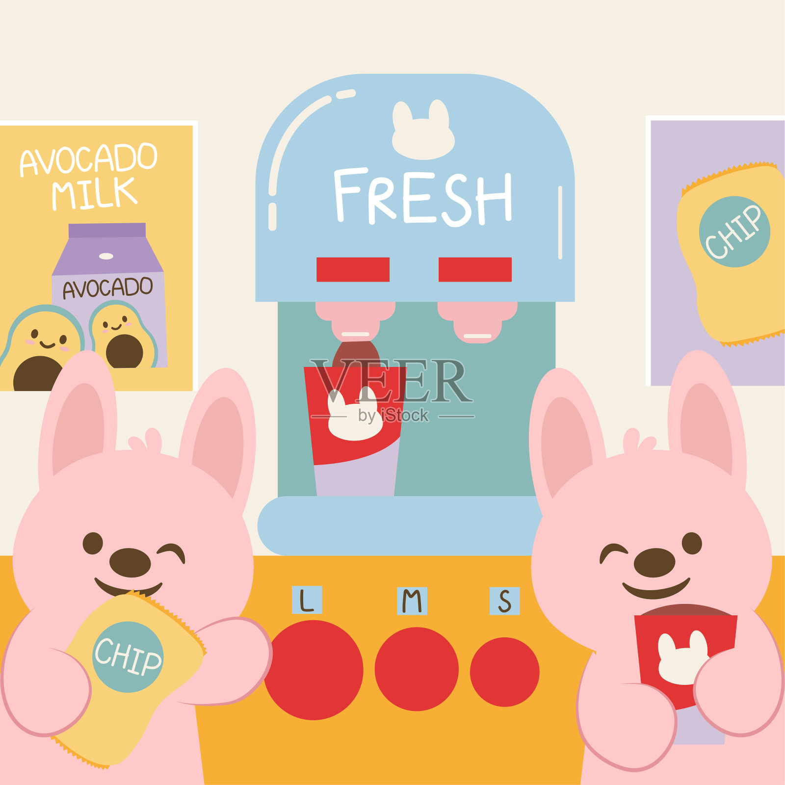 2只狗用花蜜自动售货机买了薯片插画图片素材