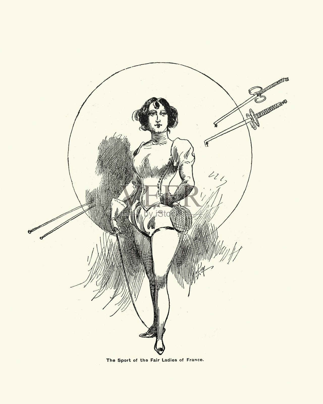 维多利亚时代女子击剑，法国女子运动，击剑，19世纪插画图片素材